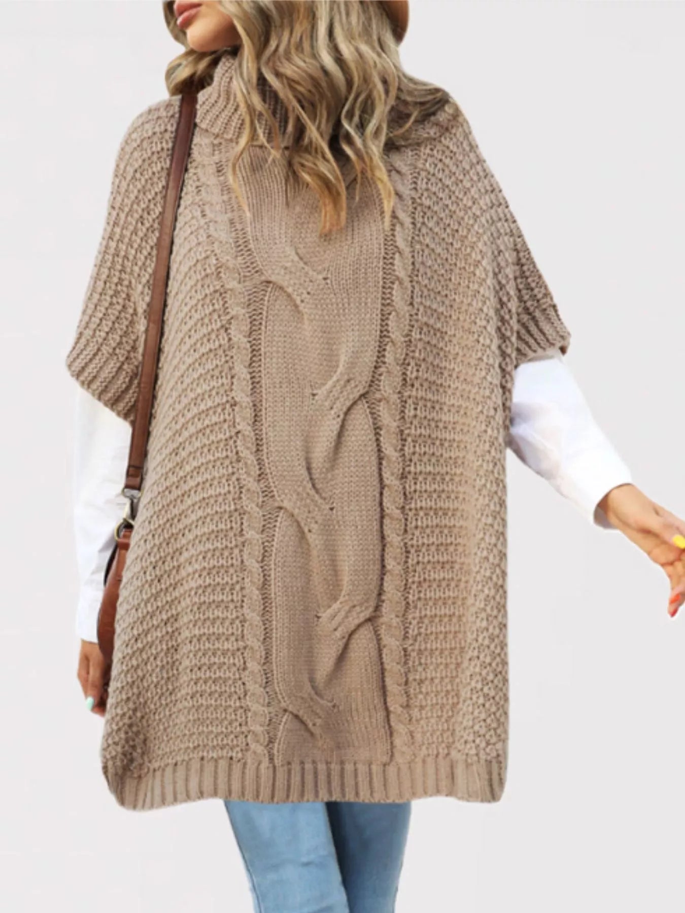 Trendsi Turtleneck Cable-Knit Short Sleeve Oversized Sweater -
