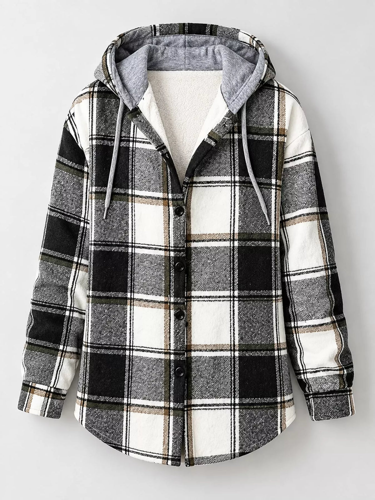 Button-Down Printed Contrast Hooded Shacket — garment front