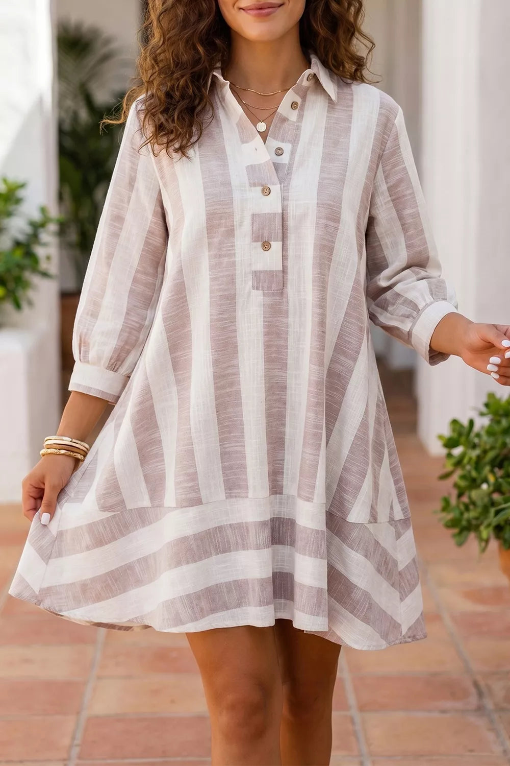 Trendsi Striped Button-Up Three-Quarter Sleeve Shift Dress - Dresses