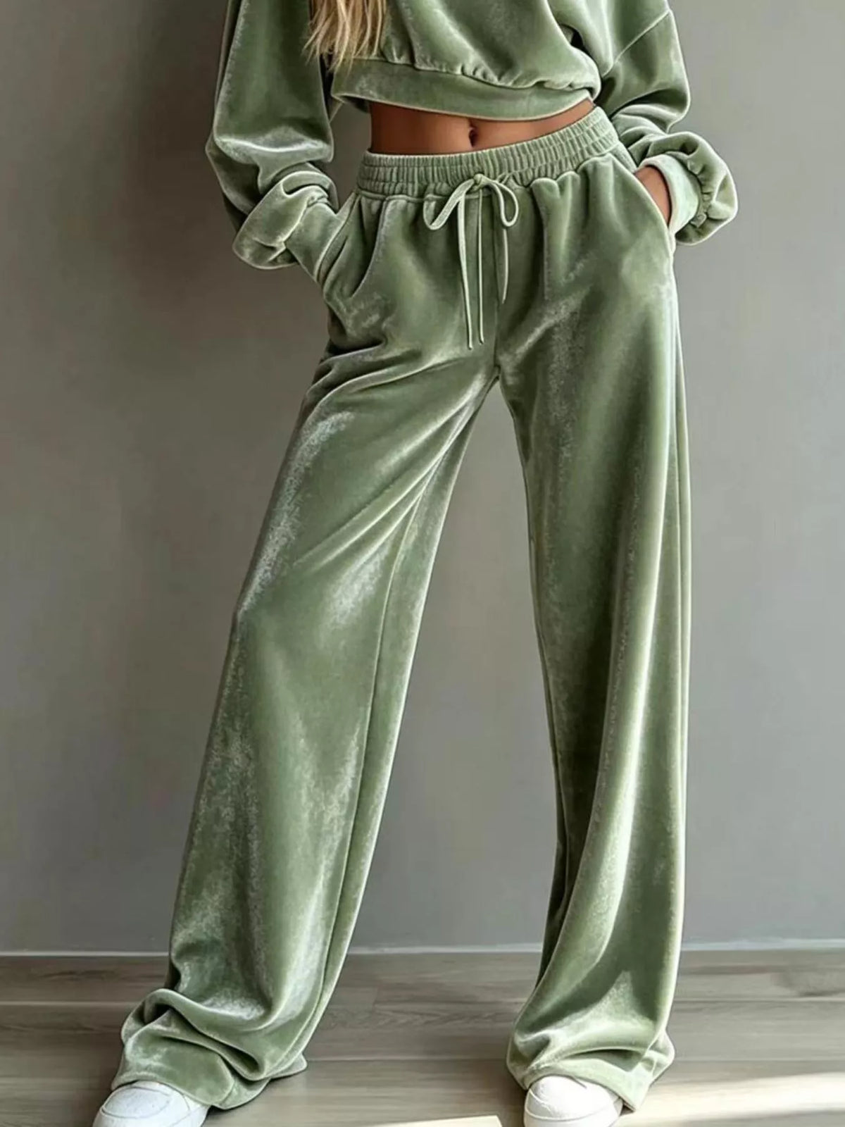 Sage Cropped Sweatshirt & Wide-Leg Pants Set pants detail