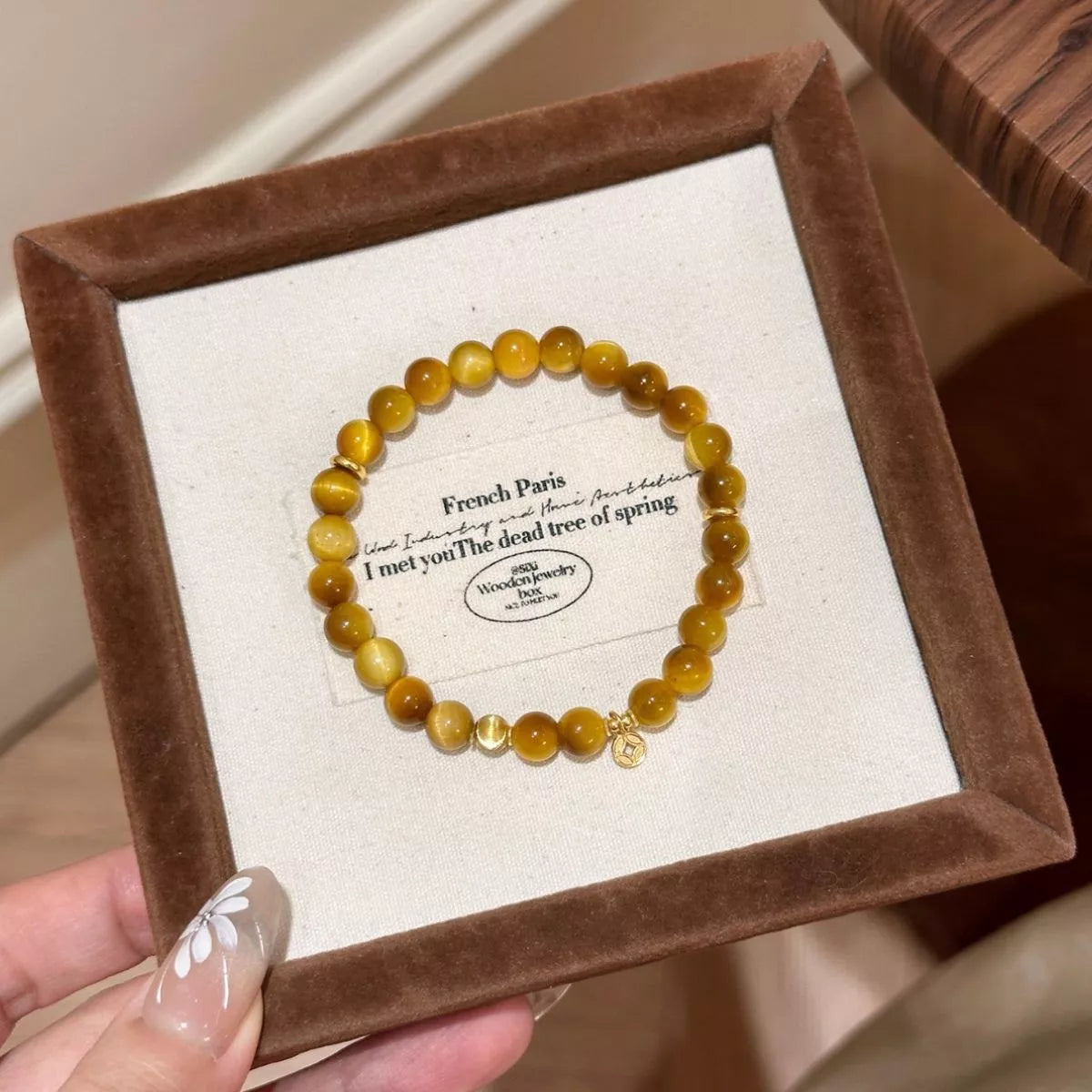 Women's Tiger Eye Beaded Bracelet With Gold Plated Charm