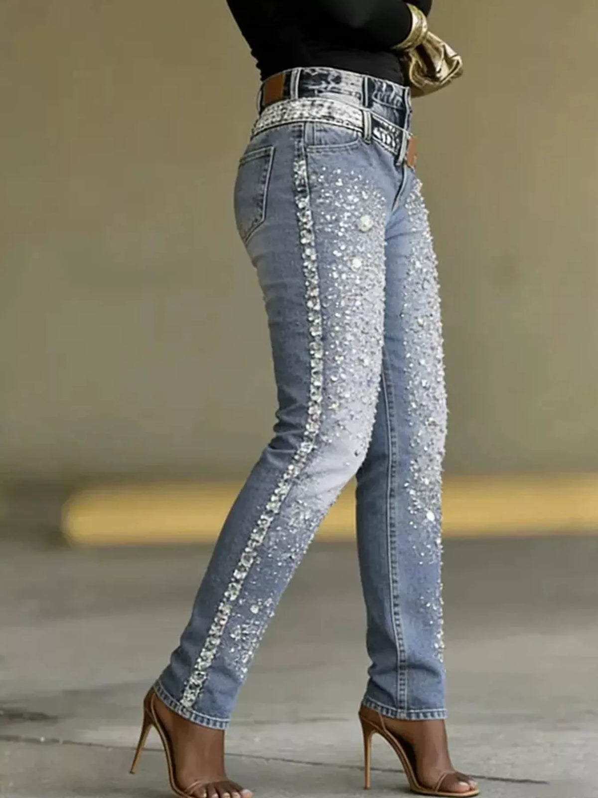 Light Blue rhinestone embellished slim fit jeans