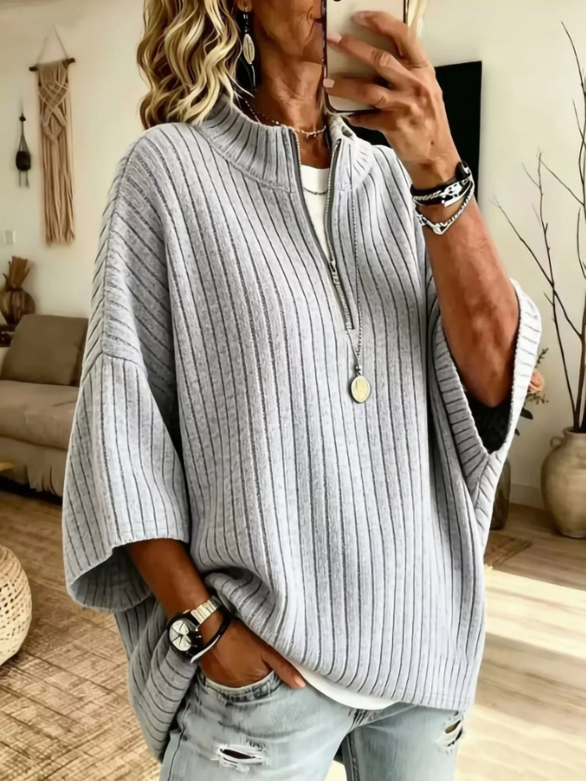 Women's Half-Zip Ribbed Knit Top in Light Gray, front view