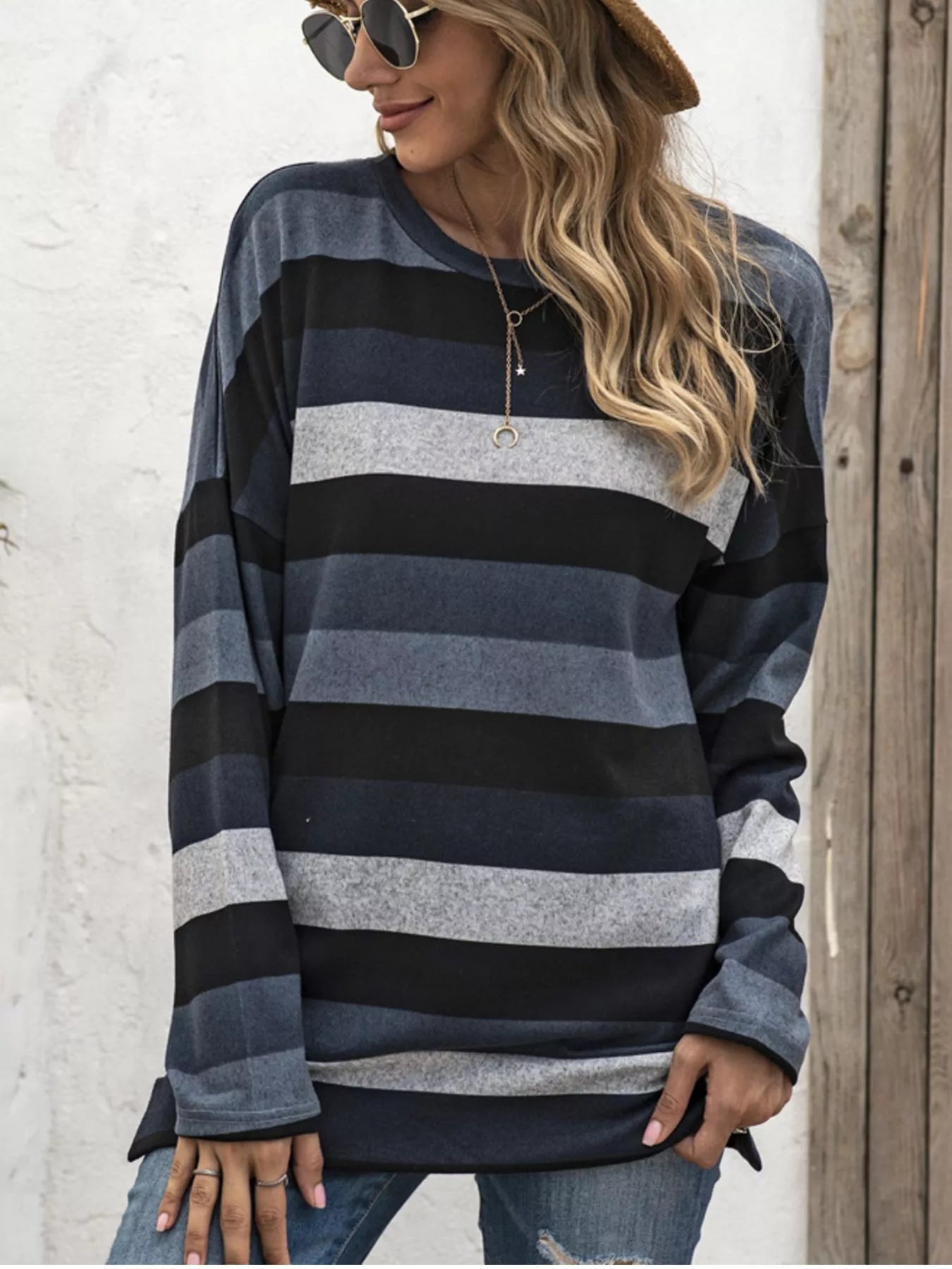 Trendsi Full Size Casual Striped Long Sleeve Crew Neck Top Plus Size -