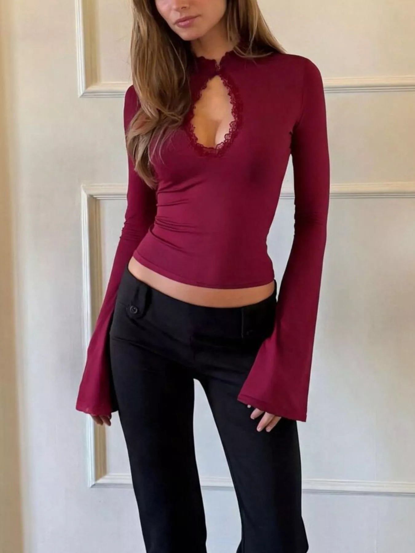 Trendsi Lace-Trimmed Keyhole Long Sleeve T-Shirt -