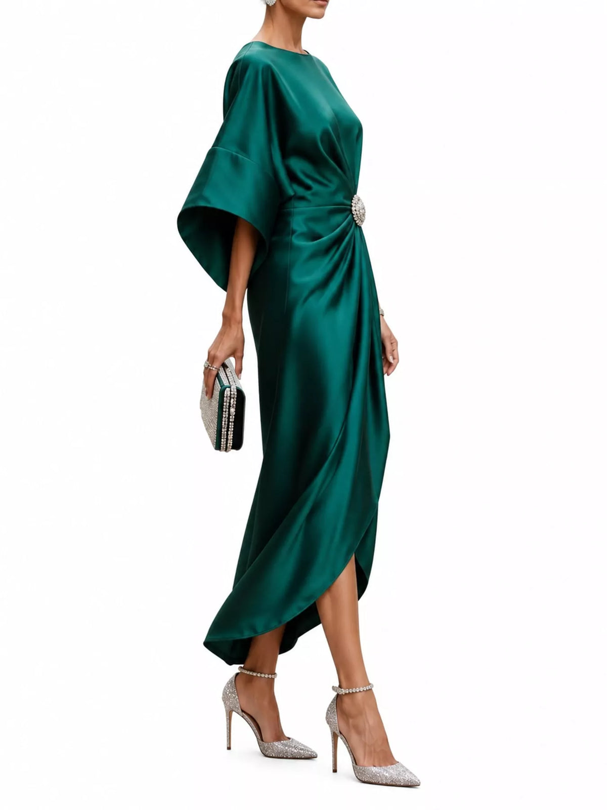 Green satin draped brooch evening dress