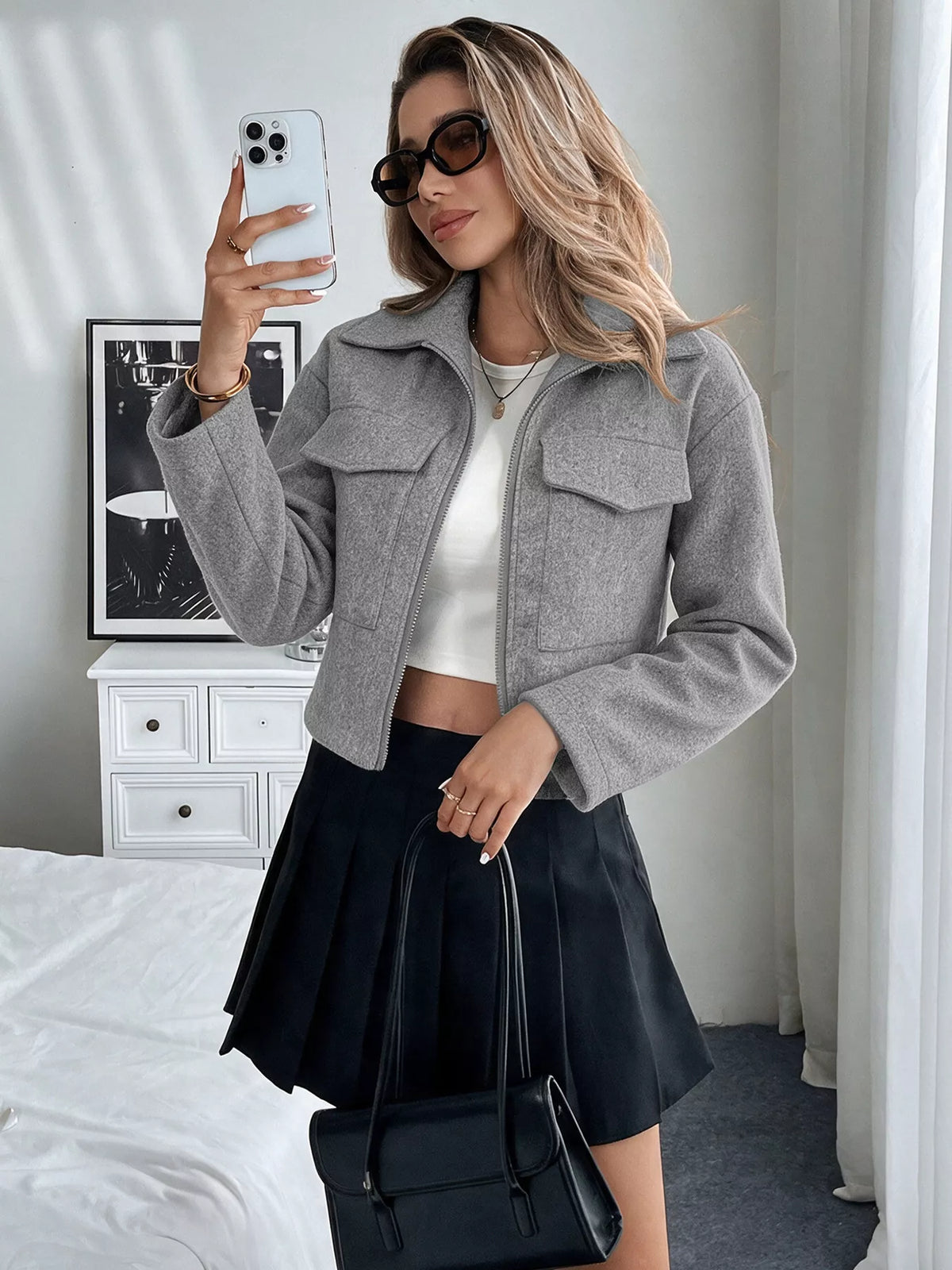 Gray zip-up cropped shacket, front view