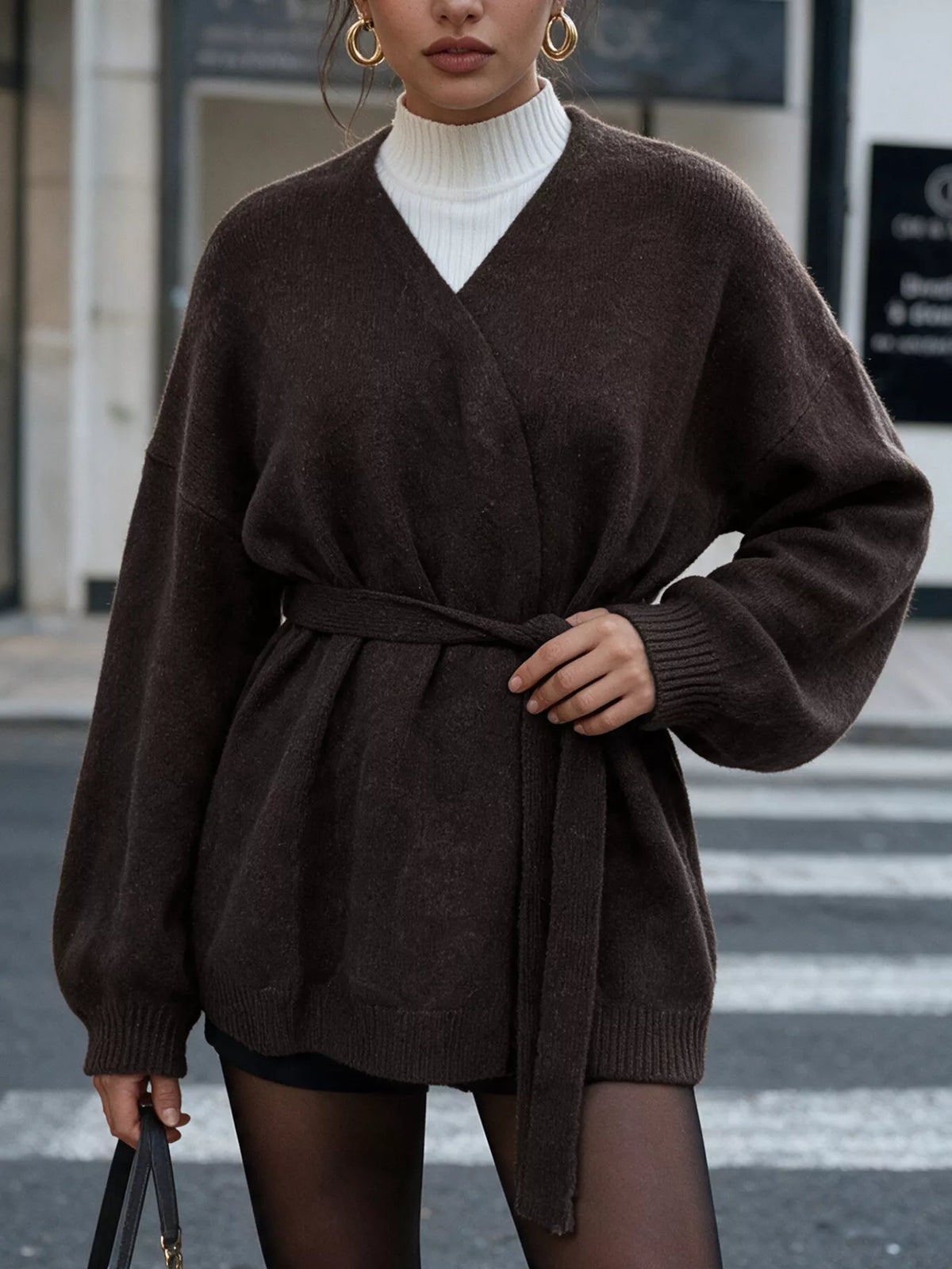 Chocolate tie waist dropped shoulder wrap cardigan