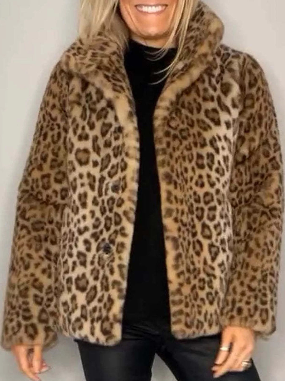 Open Front Leopard Print Faux Fur Jacket — front view