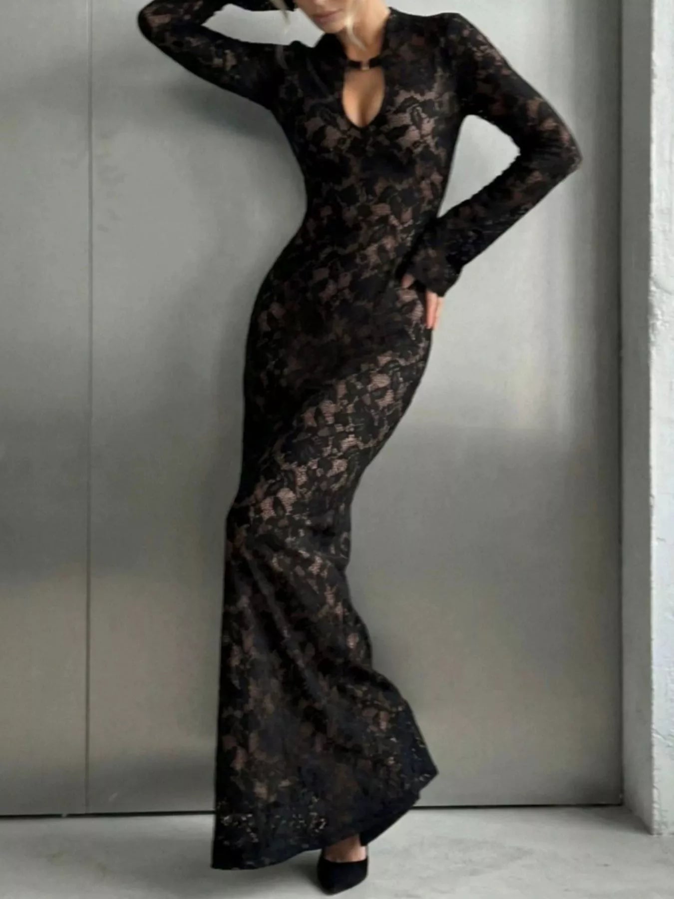 Trendsi Lace Long-Sleeve Bodycon Maxi Dress -