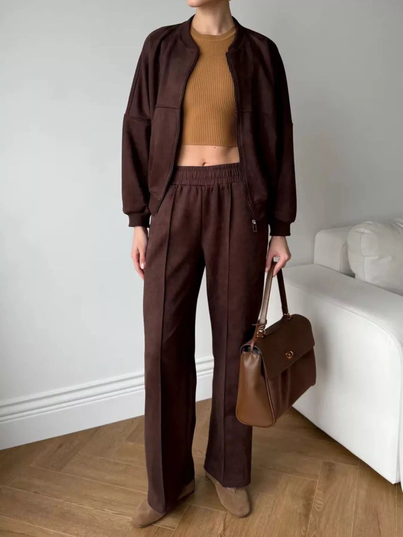 Trendsi Zip Up Sweatshirt and Wide-Leg Pants Set -