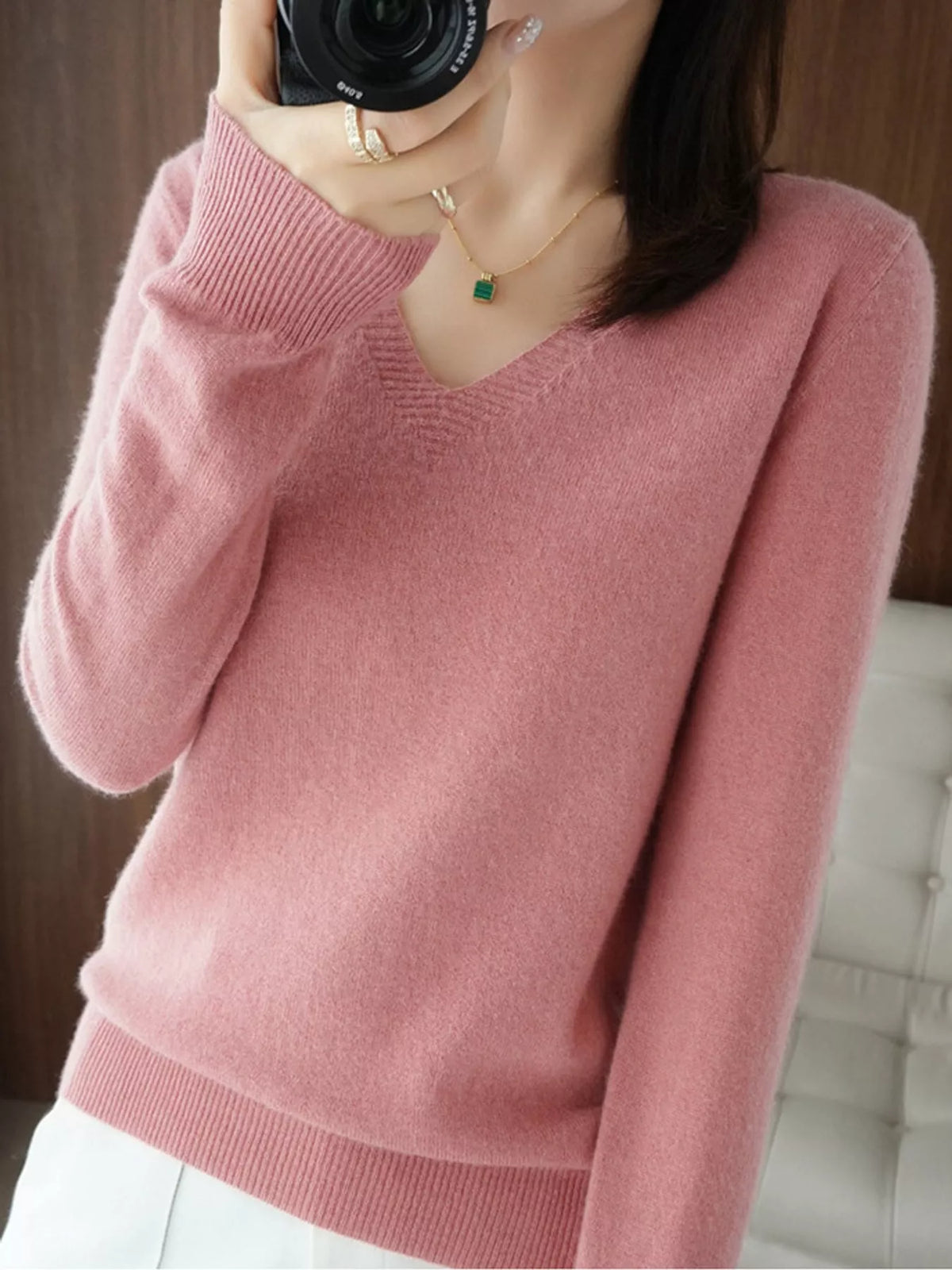 V-Neck Knit Sweater, detail view in pink