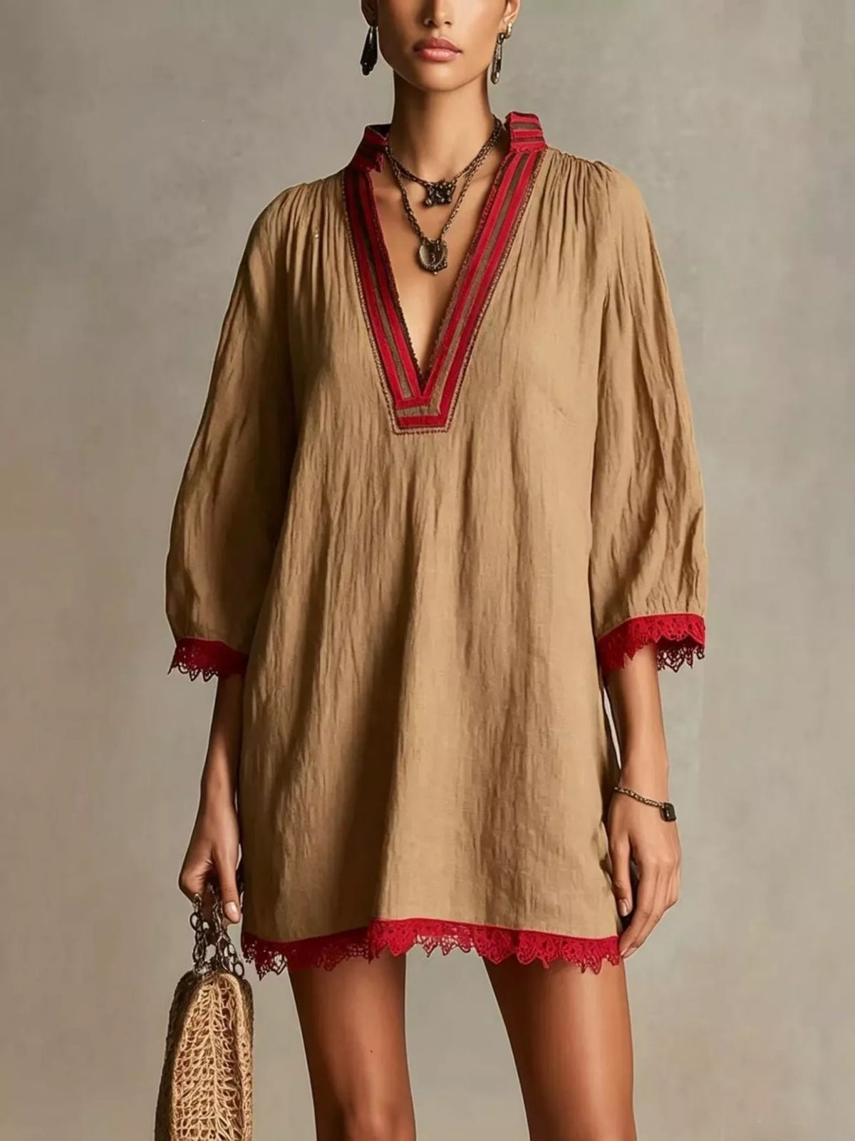 Khaki Color Lace-Trim Notched Long Sleeve Mini Dress front view