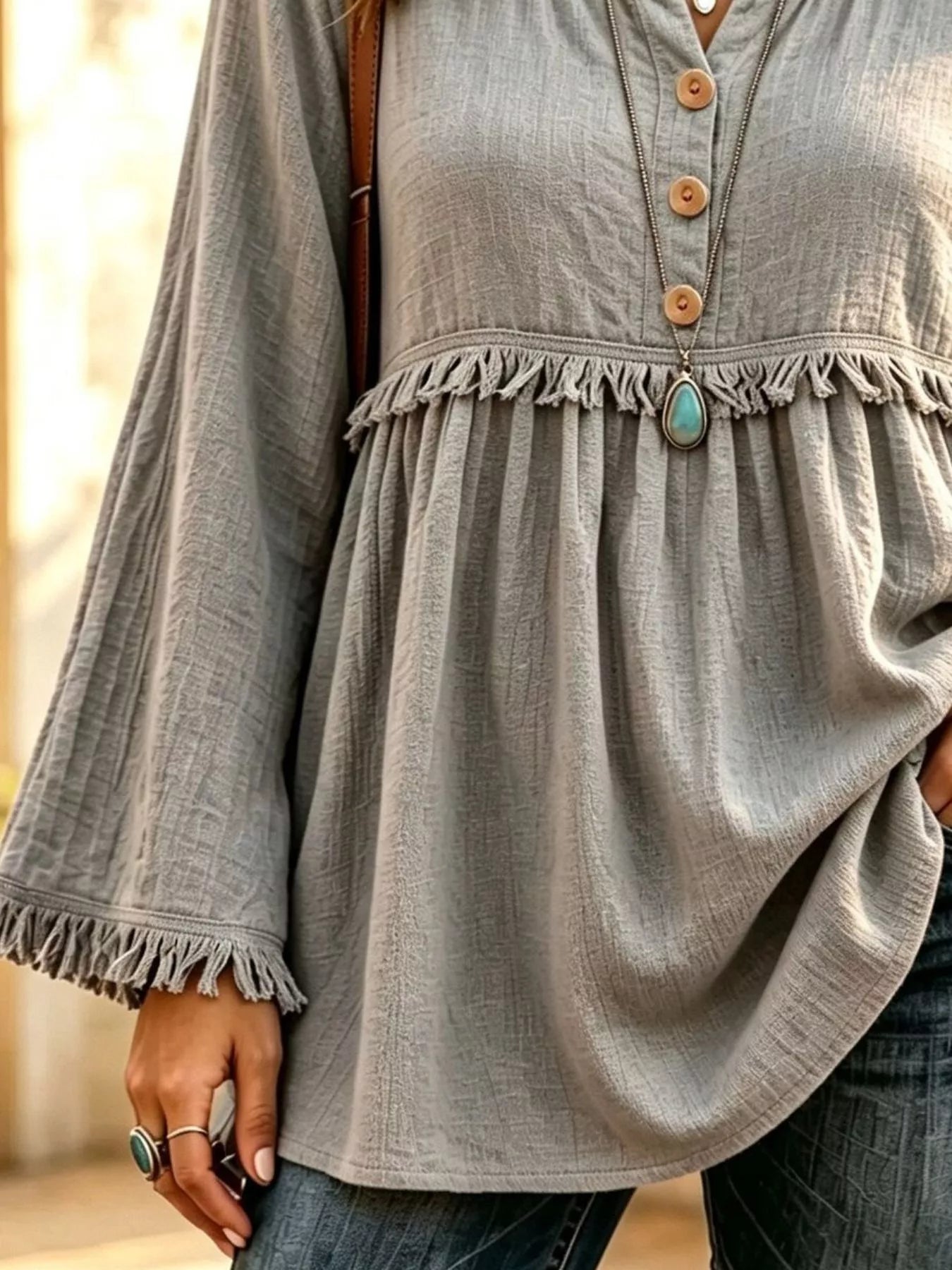 Trendsi Button-Down Detail Fringed Hem Blouse -