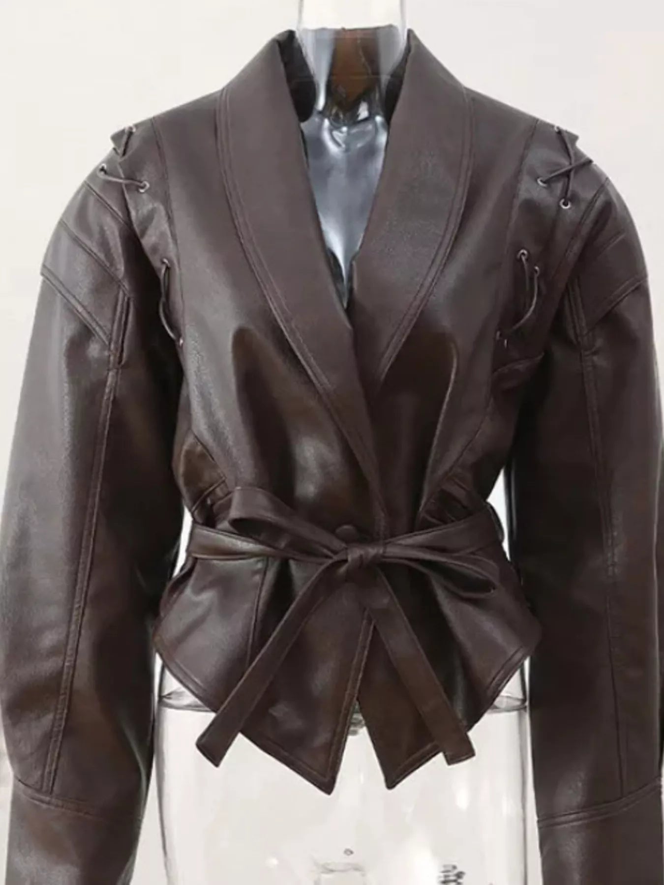 Trendsi Belted Leather Jacket with Shawl Collar -
