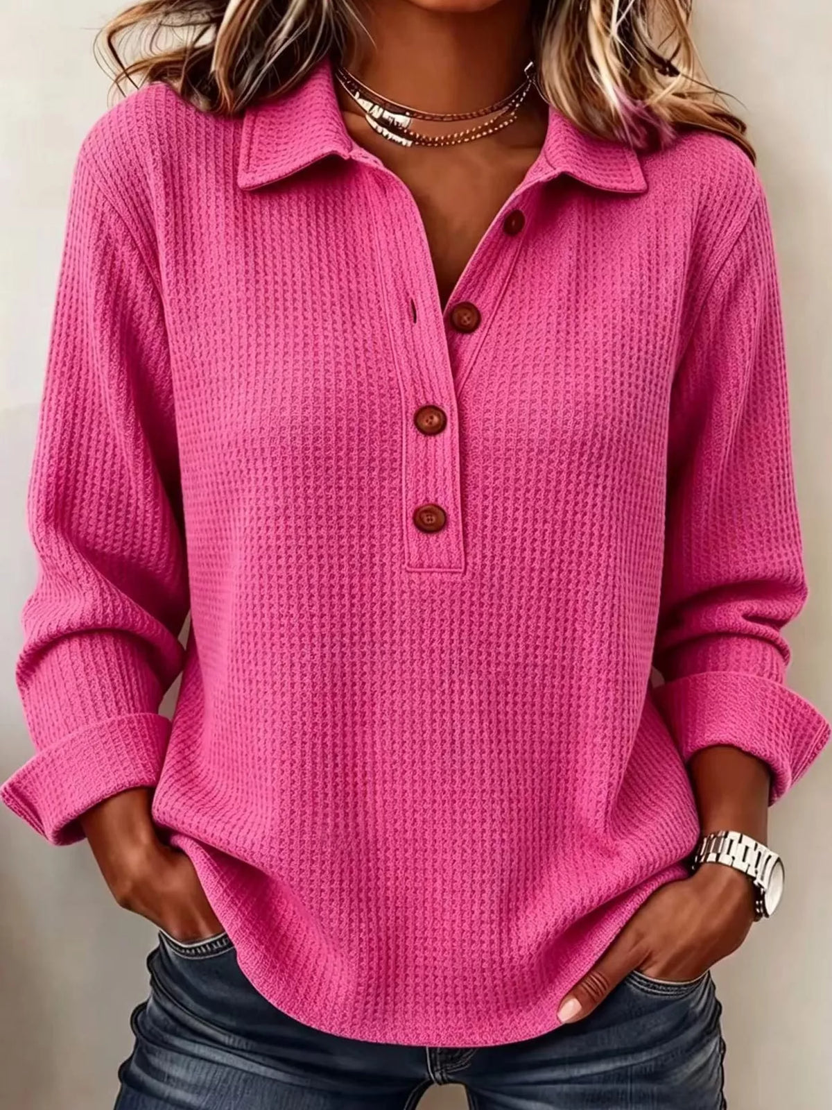 Pink waffle knit long sleeve polo top, front view