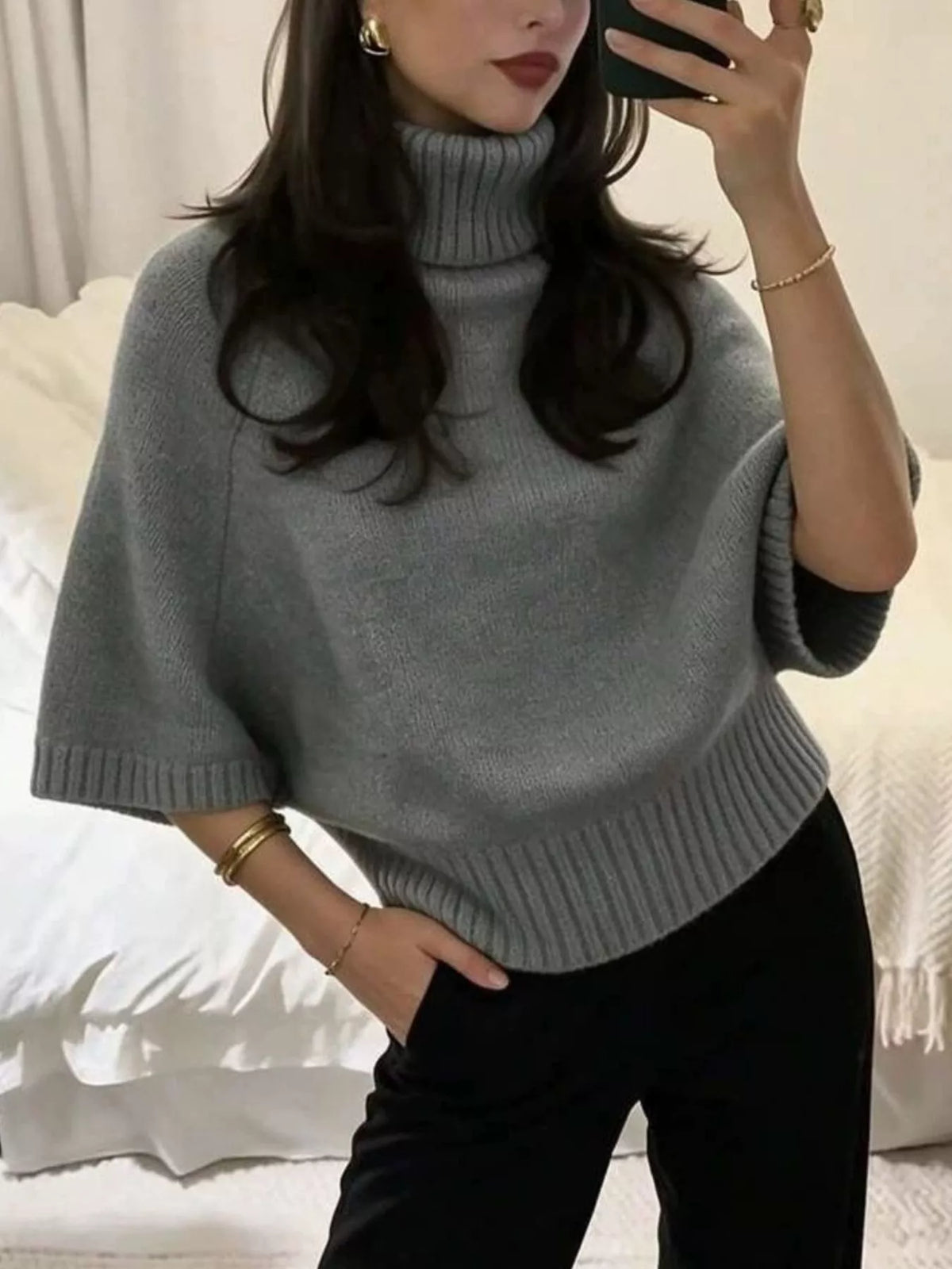 Turtleneck batwing top, gray front