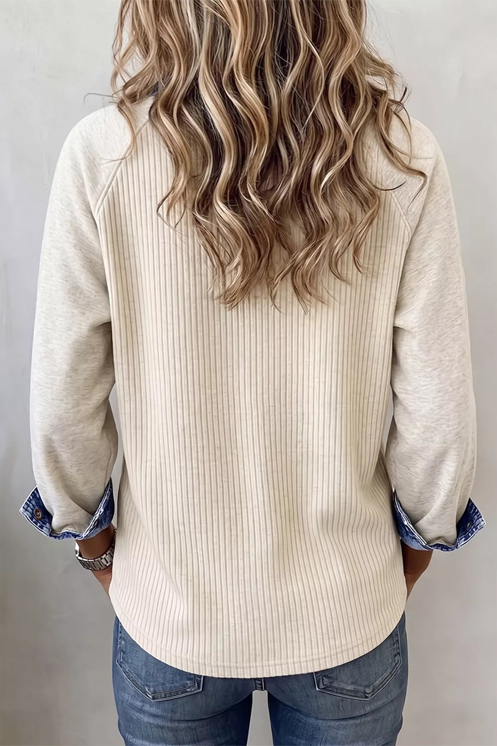 Women's Ribbed Knit Denim Contrast Trim Top in Beige, alternate view