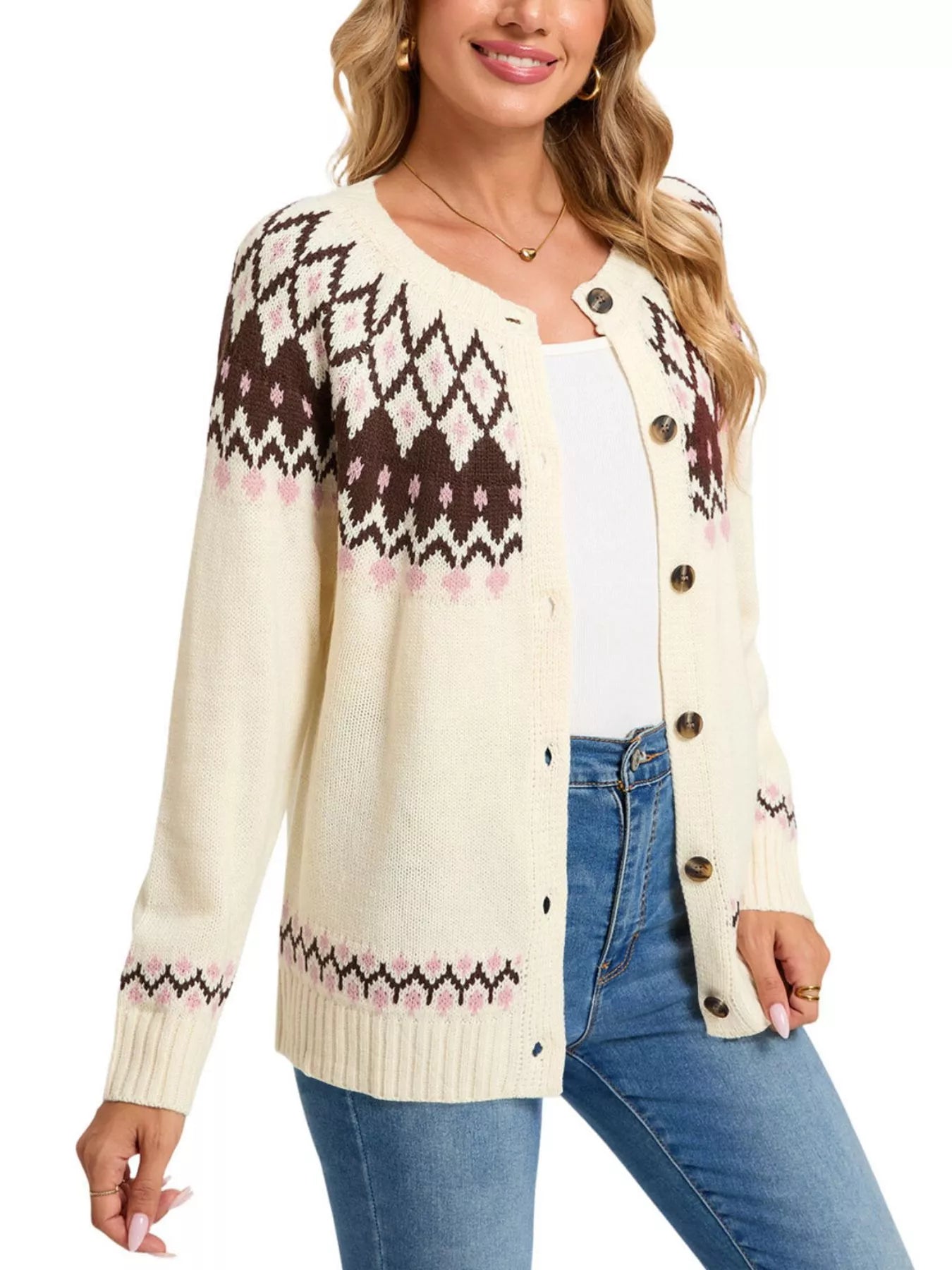 Trendsi Fair Isle Patterned Button-Down Knit Cardigan -