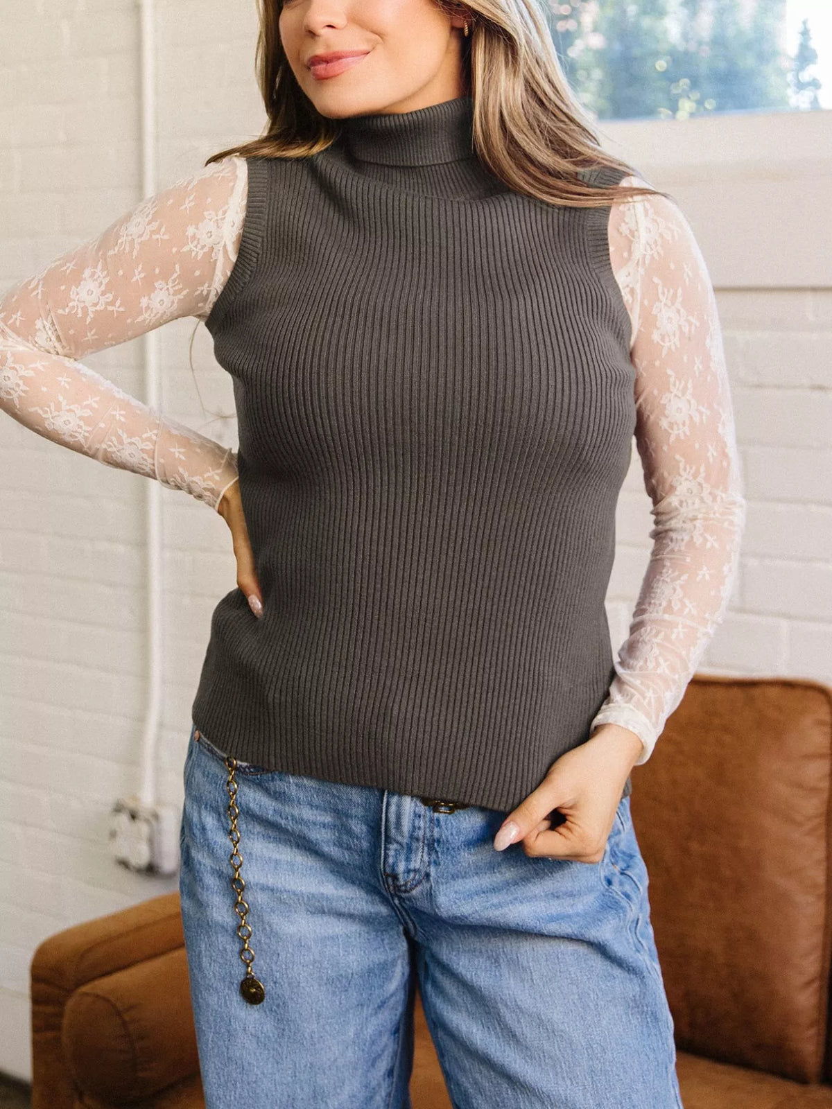 Trendsi Ribbed Knit High Neck Sleeveless Waist Slim Fit Sweater Vest -