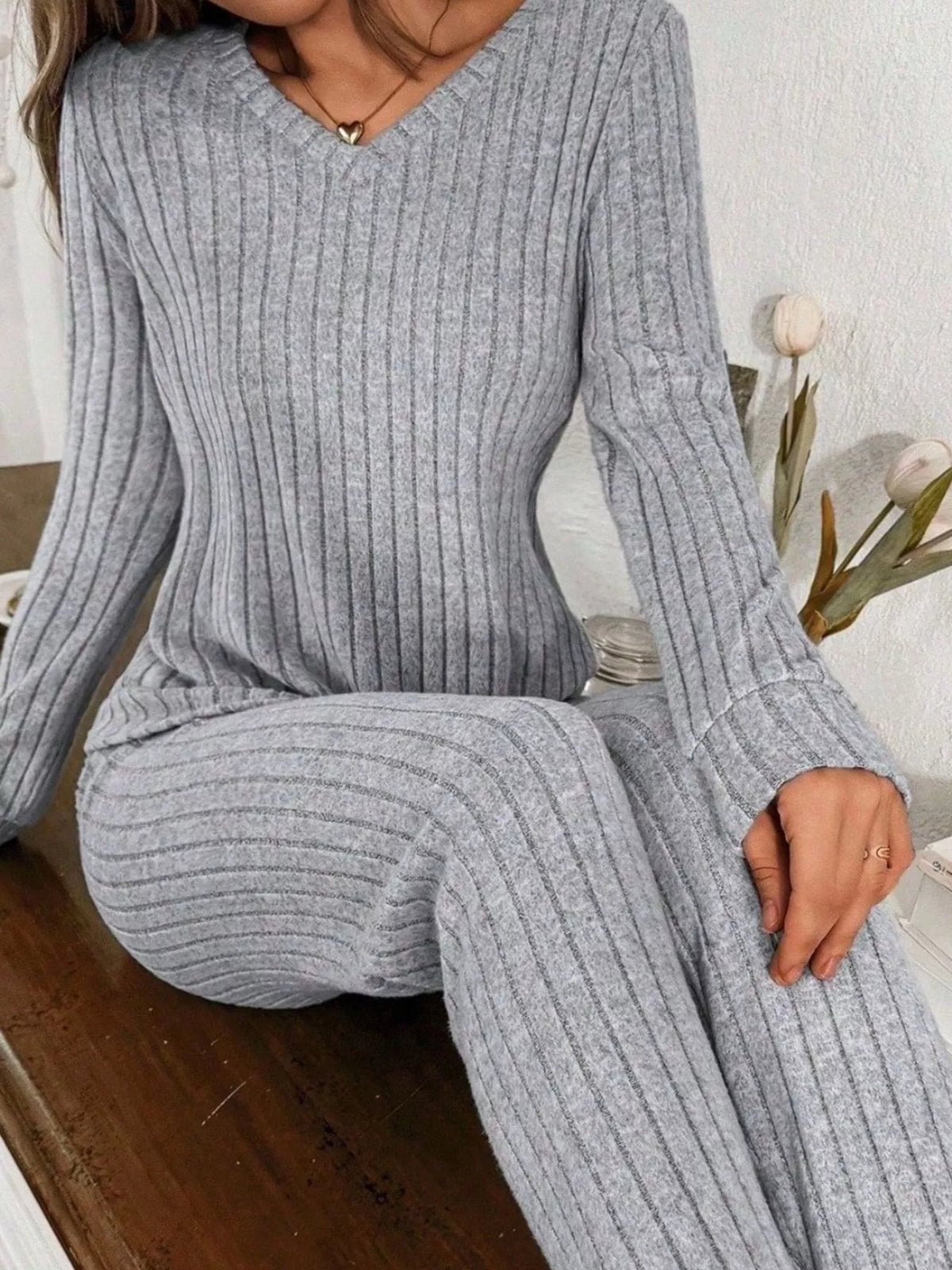 Ribbed Knit Long Sleeve Top and Pants Loungewear Set — construction details
