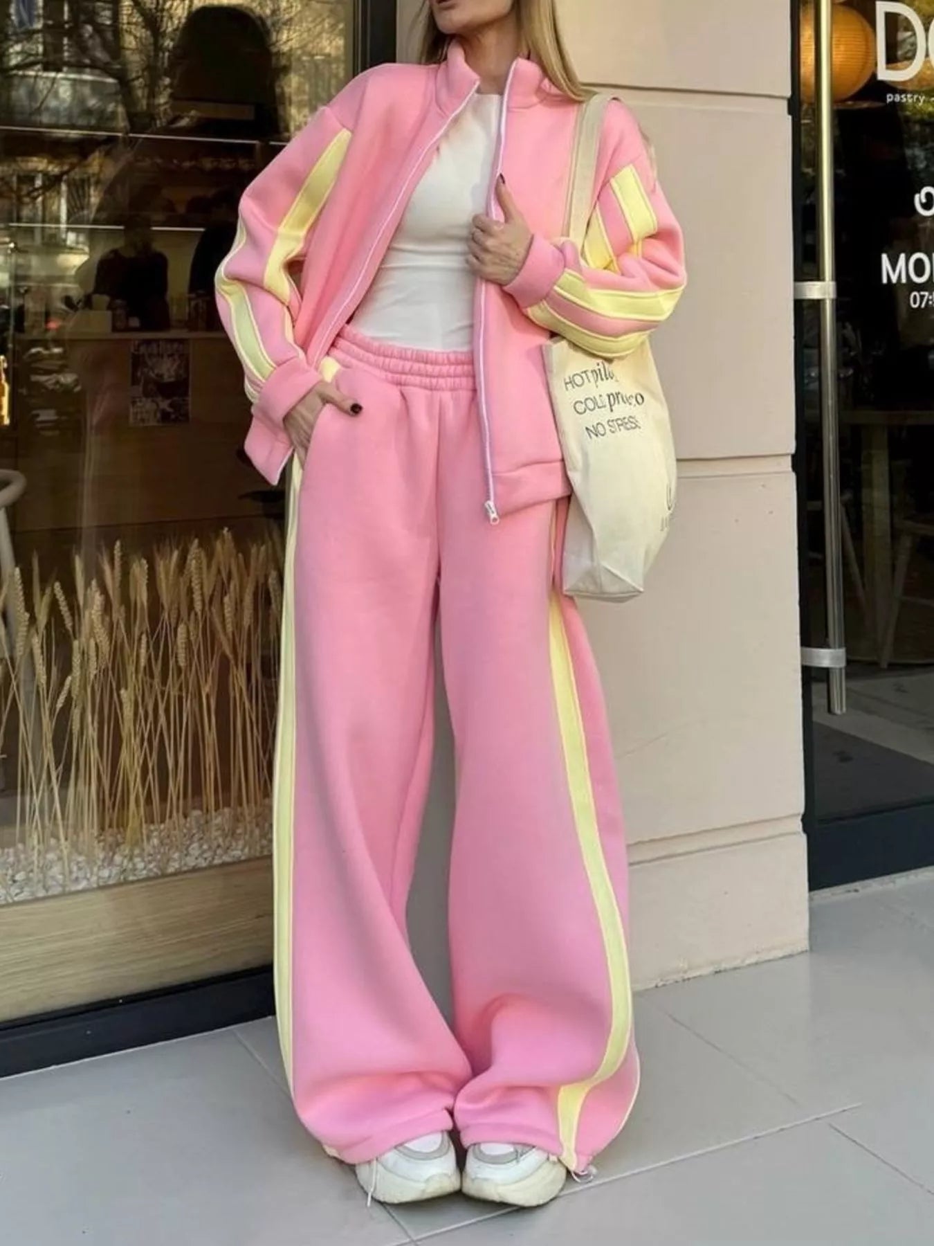 Trendsi Contrast Striped Zip Up Top and Pants Set -