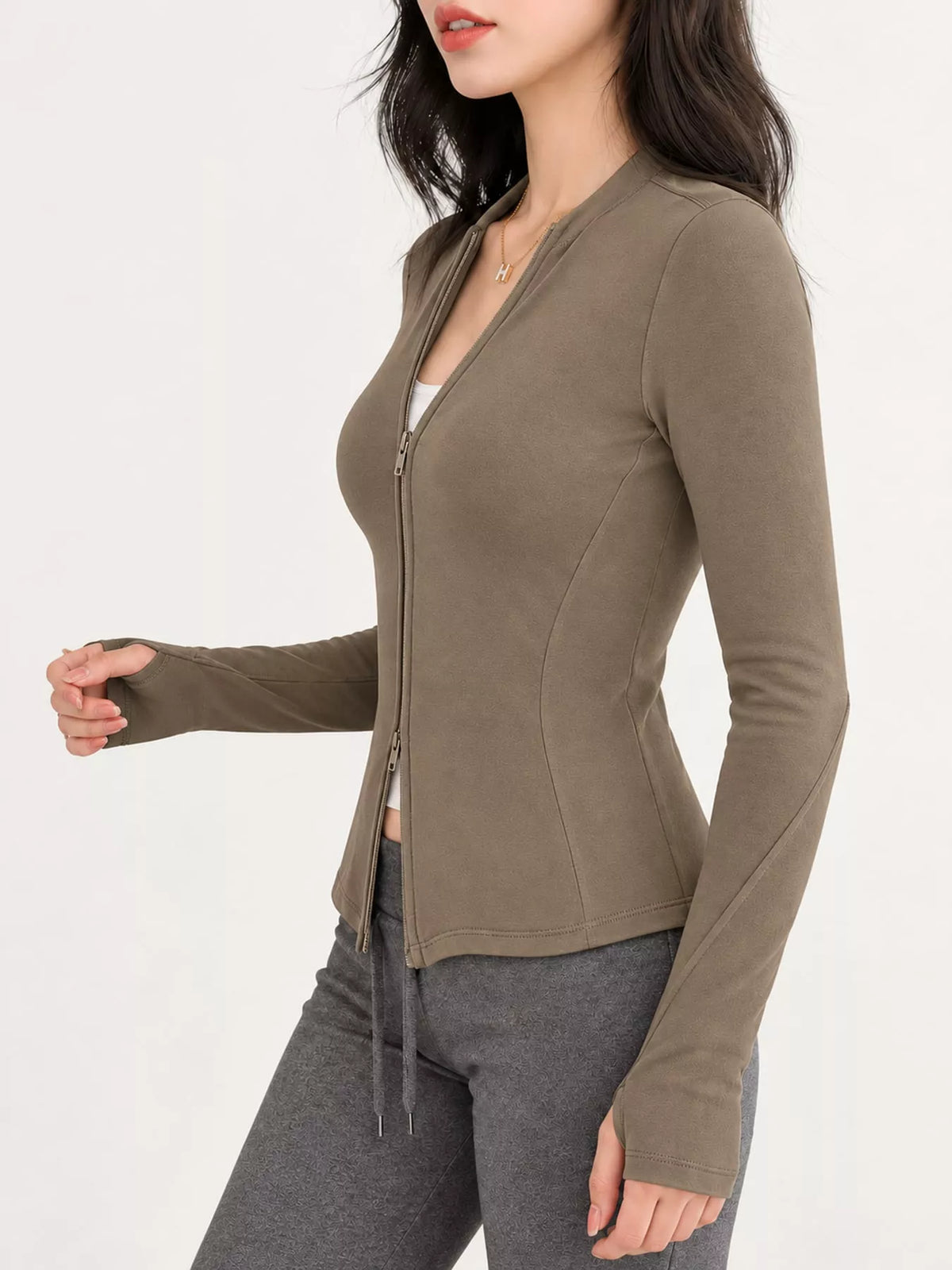 Taupe slim-fit zip-up long sleeve jacket — side view