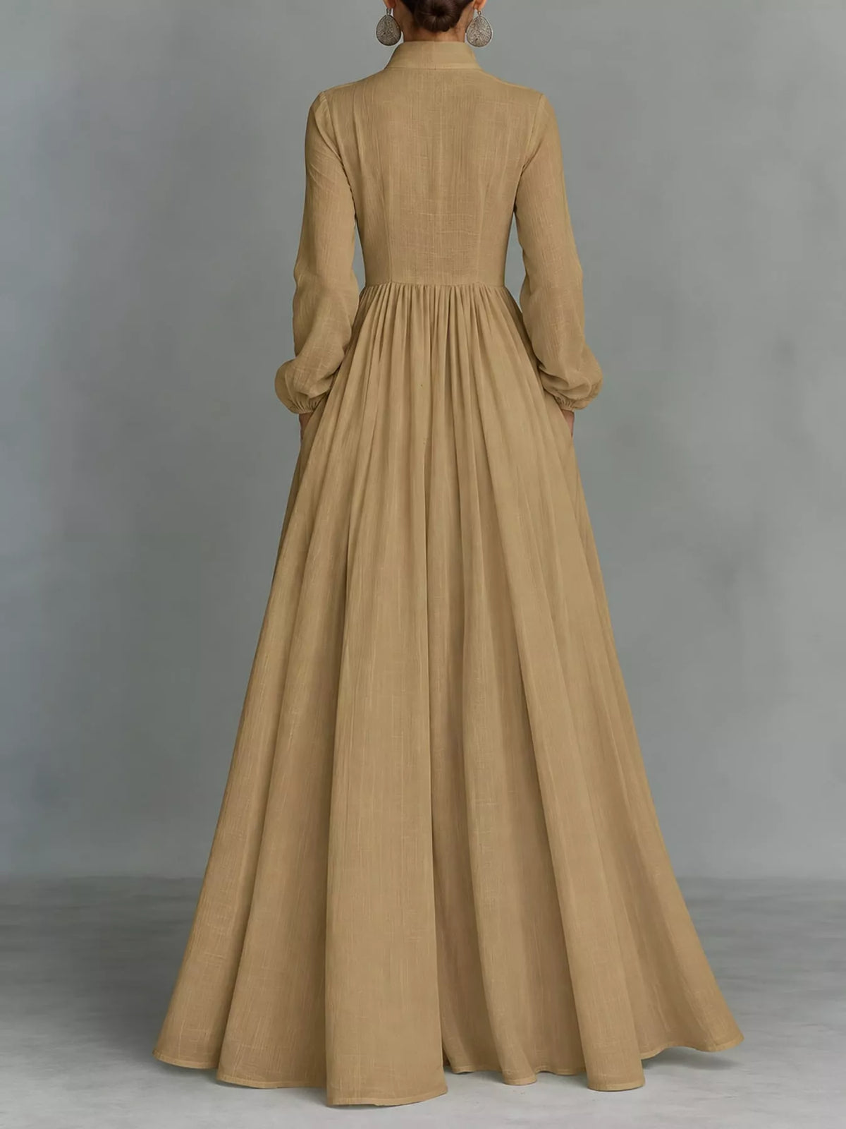 Khaki long sleeve button-front maxi dress, back view
