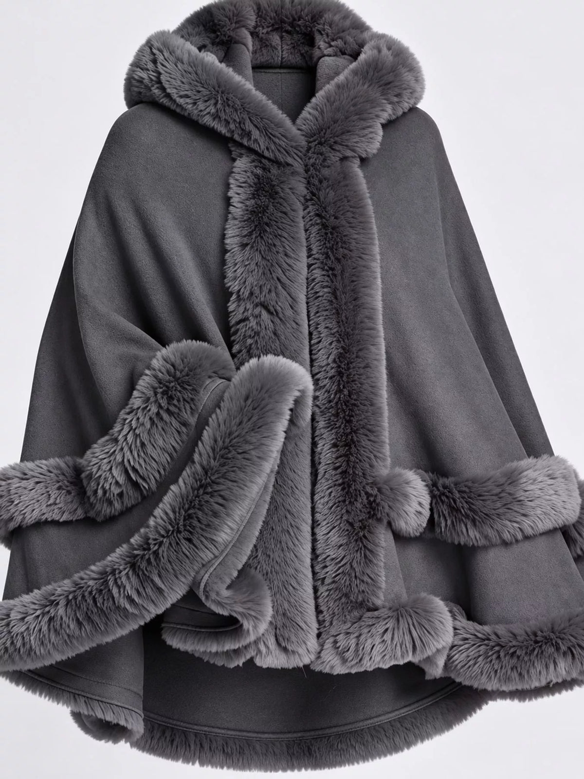 Faux-fur-trim cape, gray trim detail