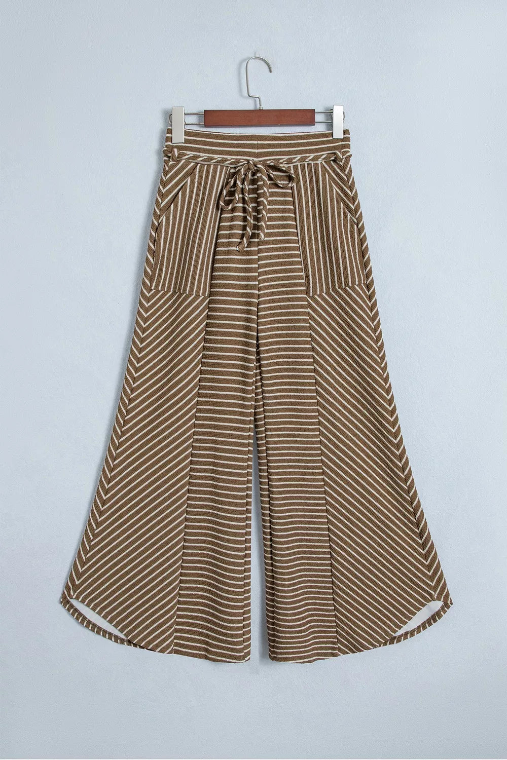 Brown striped wide-leg drawstring pants, front product view