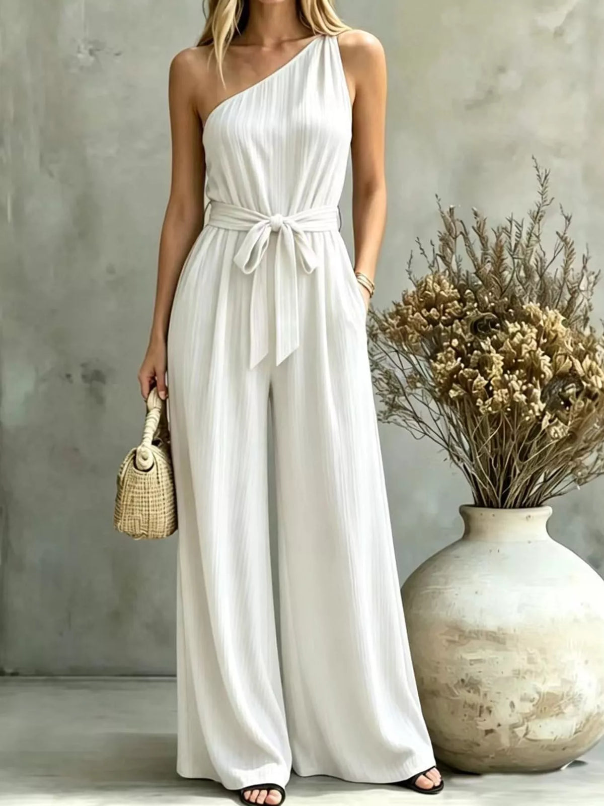 One-Shoulder Wide-Leg Jumpsuit in white, front view