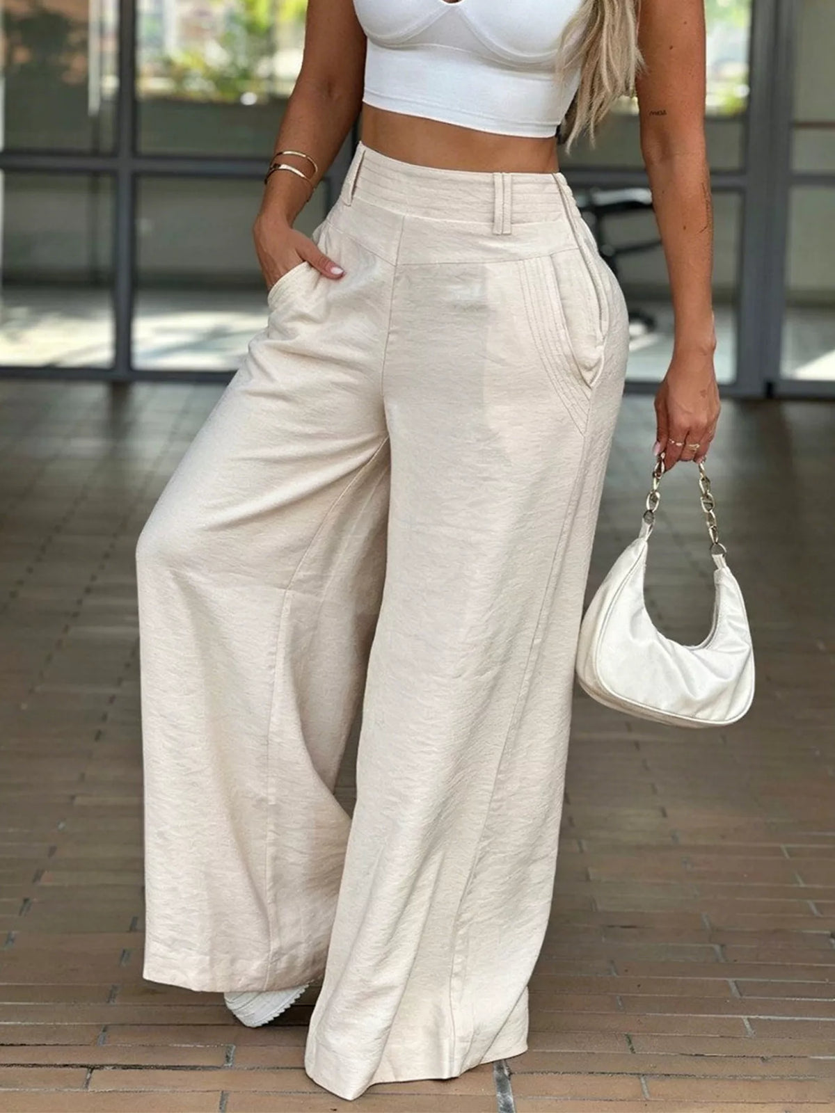 High-Waisted Wide-Leg Pants in light coffee color, front view