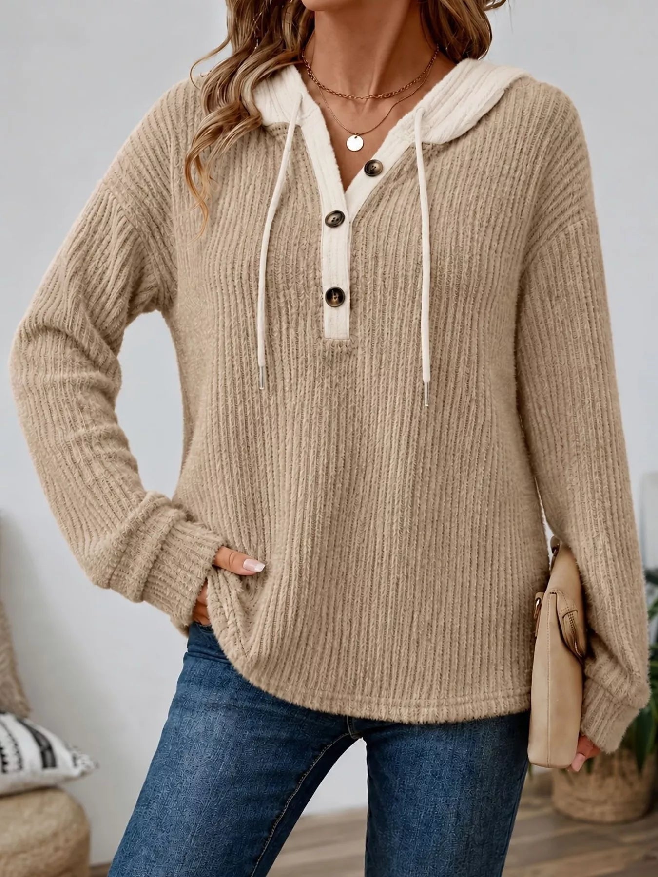 Trendsi Full Size Drawstring Button Detail Hooded Sweater Plus Size -