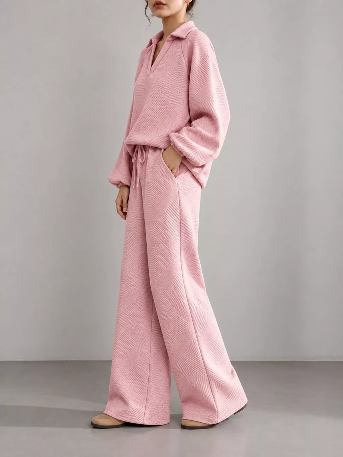 Pink textured polo collar top and wide-leg pants set — side view