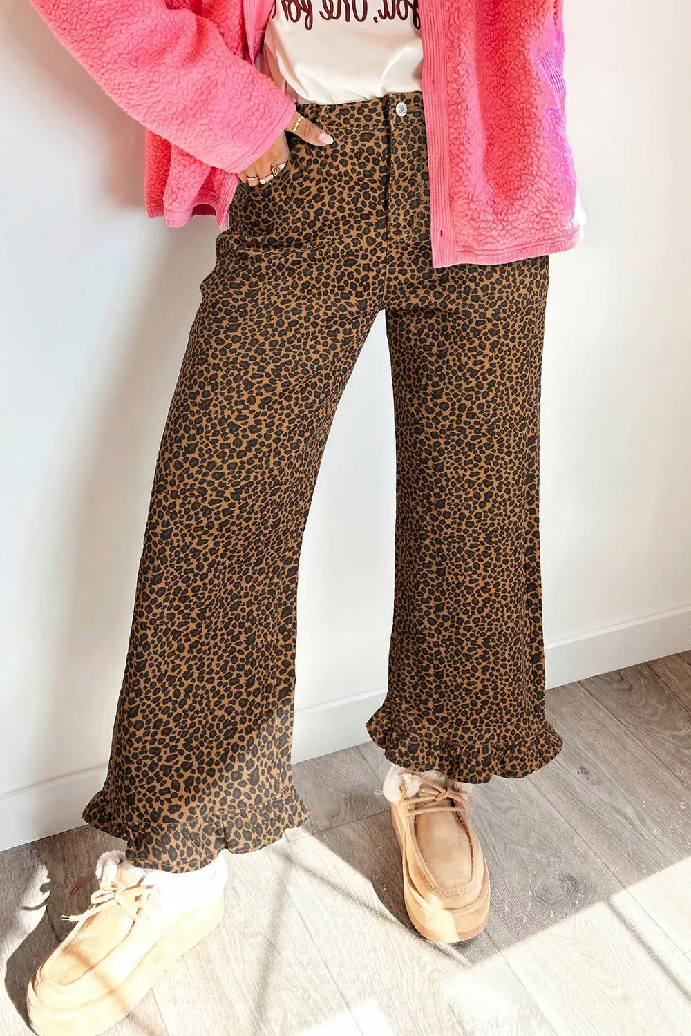 Leopard-print ruffle-hem jeans