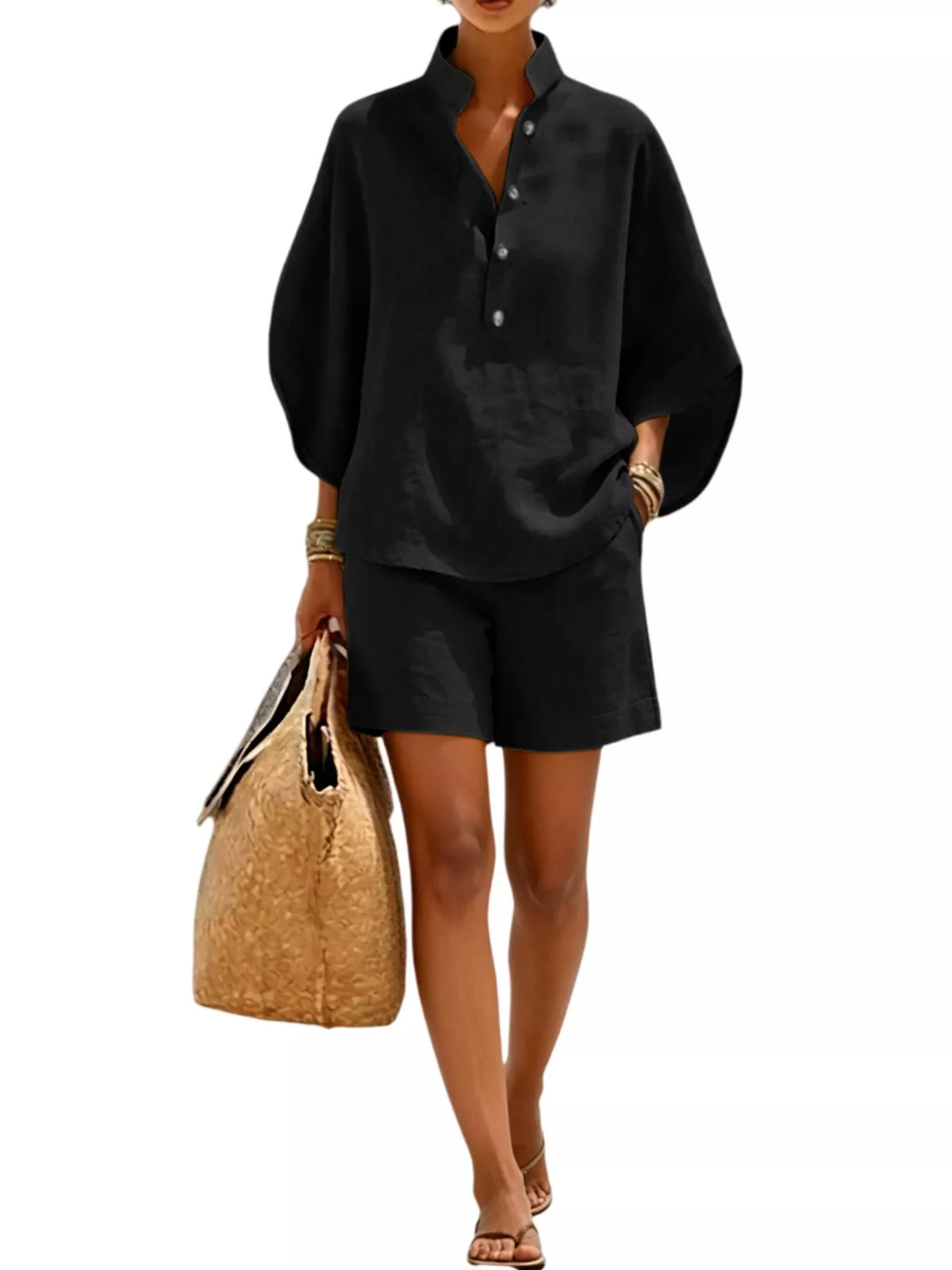 Button Detail Loose Fit Top and Shorts Set in black, front view