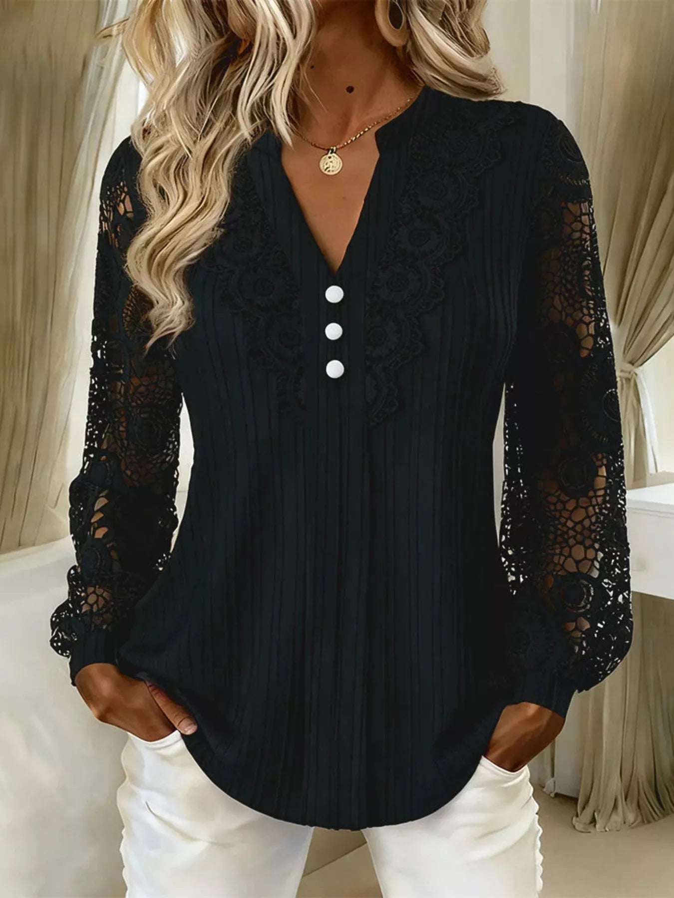 Trendsi Lace Long Sleeve Notched Blouse -