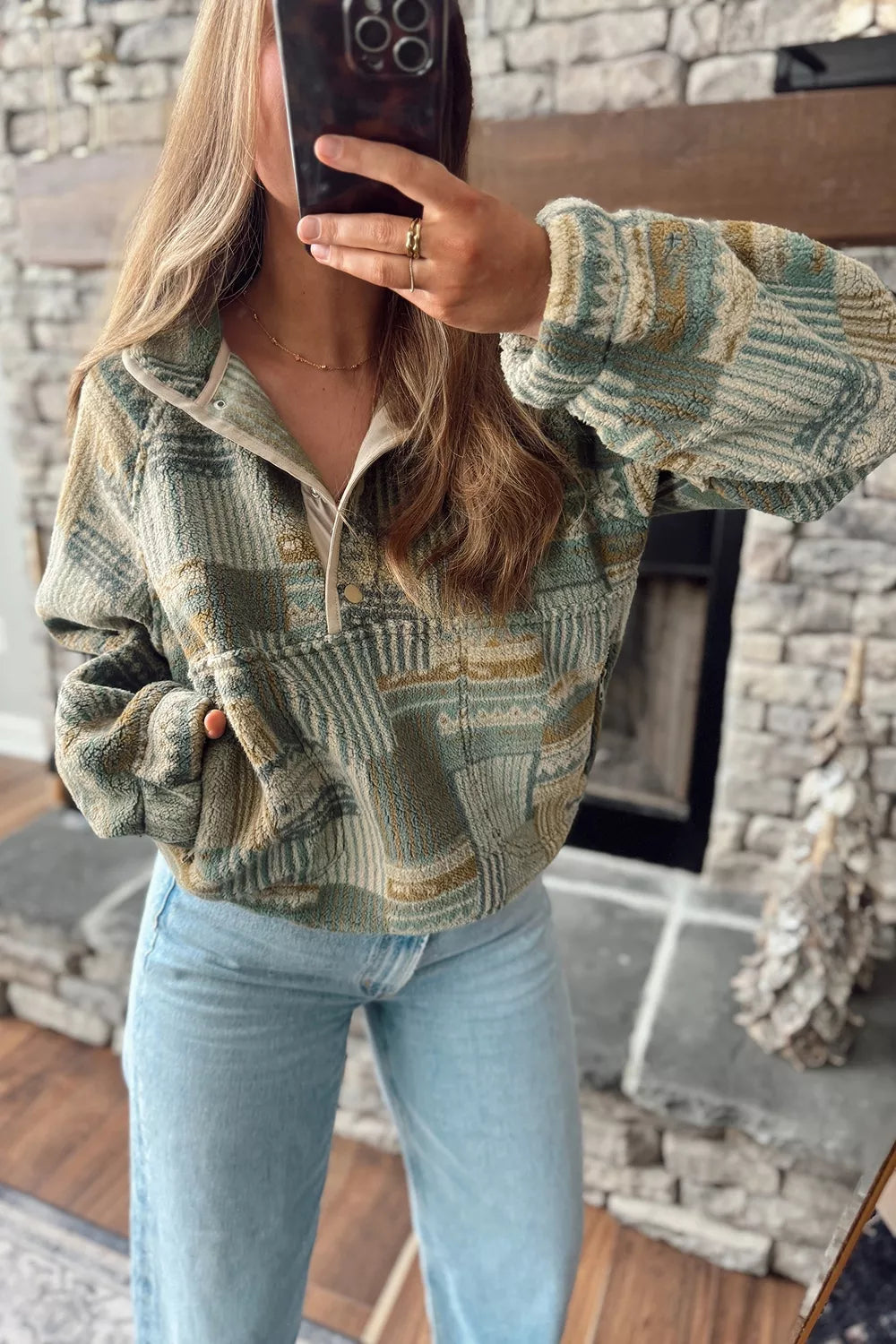 Trendsi Western Print Fleece Long Sleeve Casual Fit Sweatshirt -