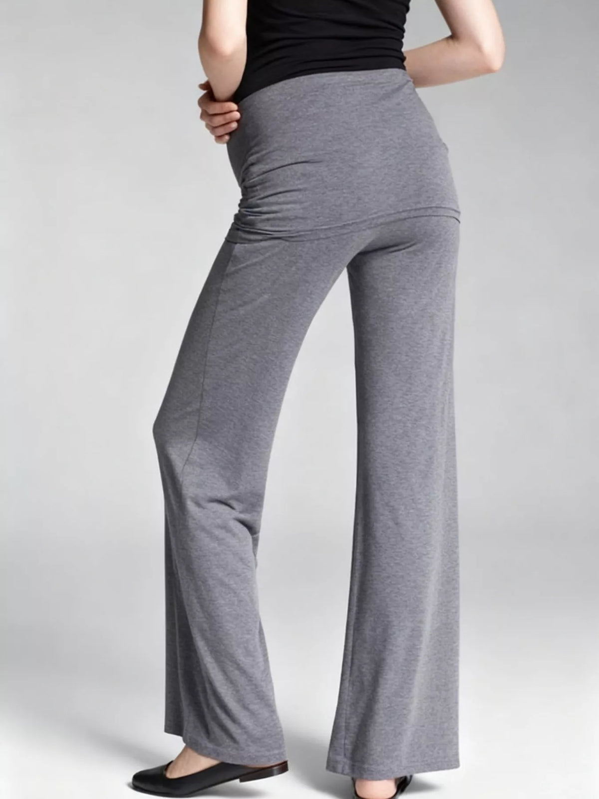 Gray fold-over wide-leg pants, back view