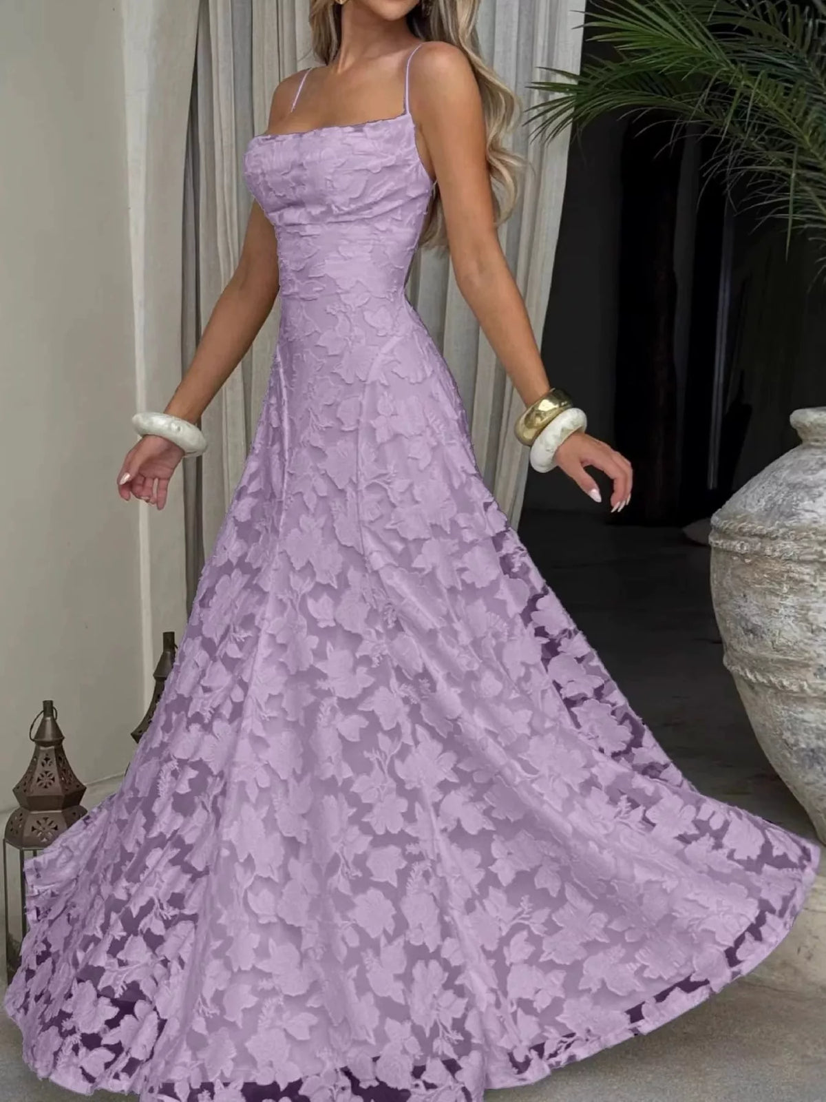 Cowl neck spaghetti-strap maxi dress, front view on model