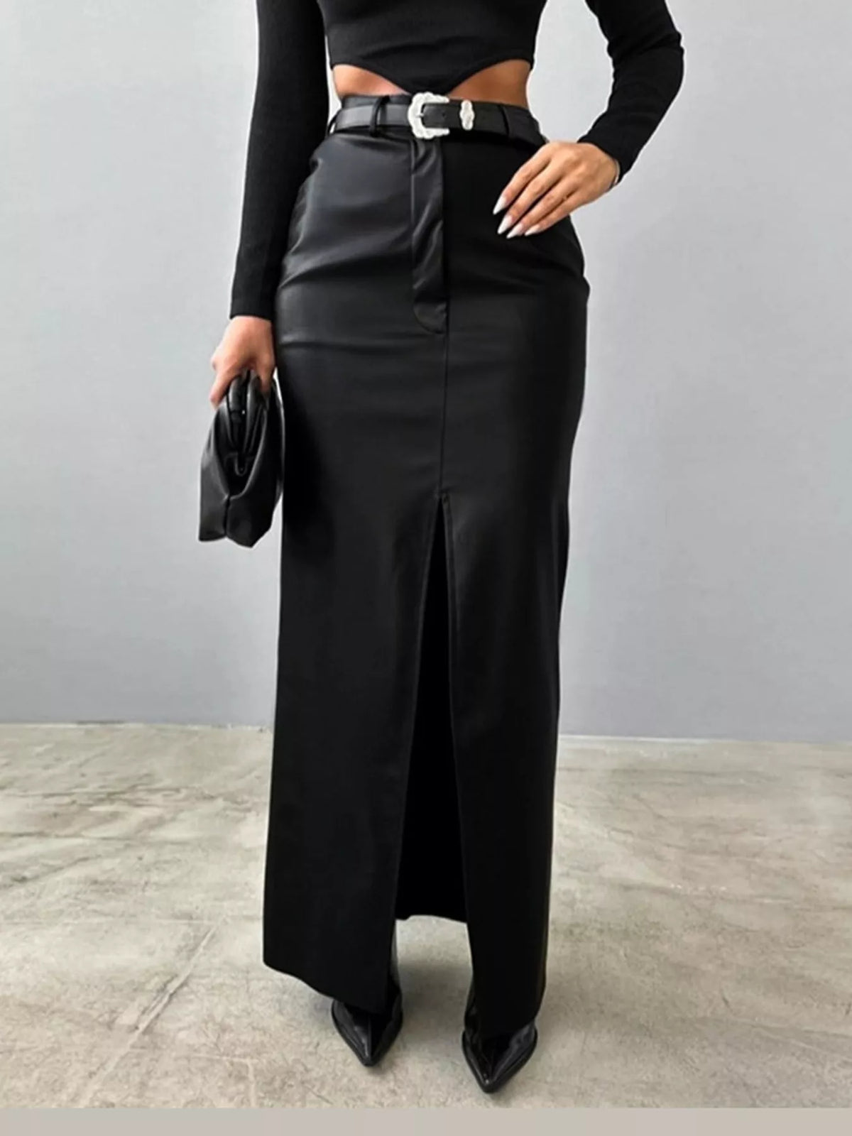 High-Waisted Faux Leather Maxi Skirt with Front Slit — front view