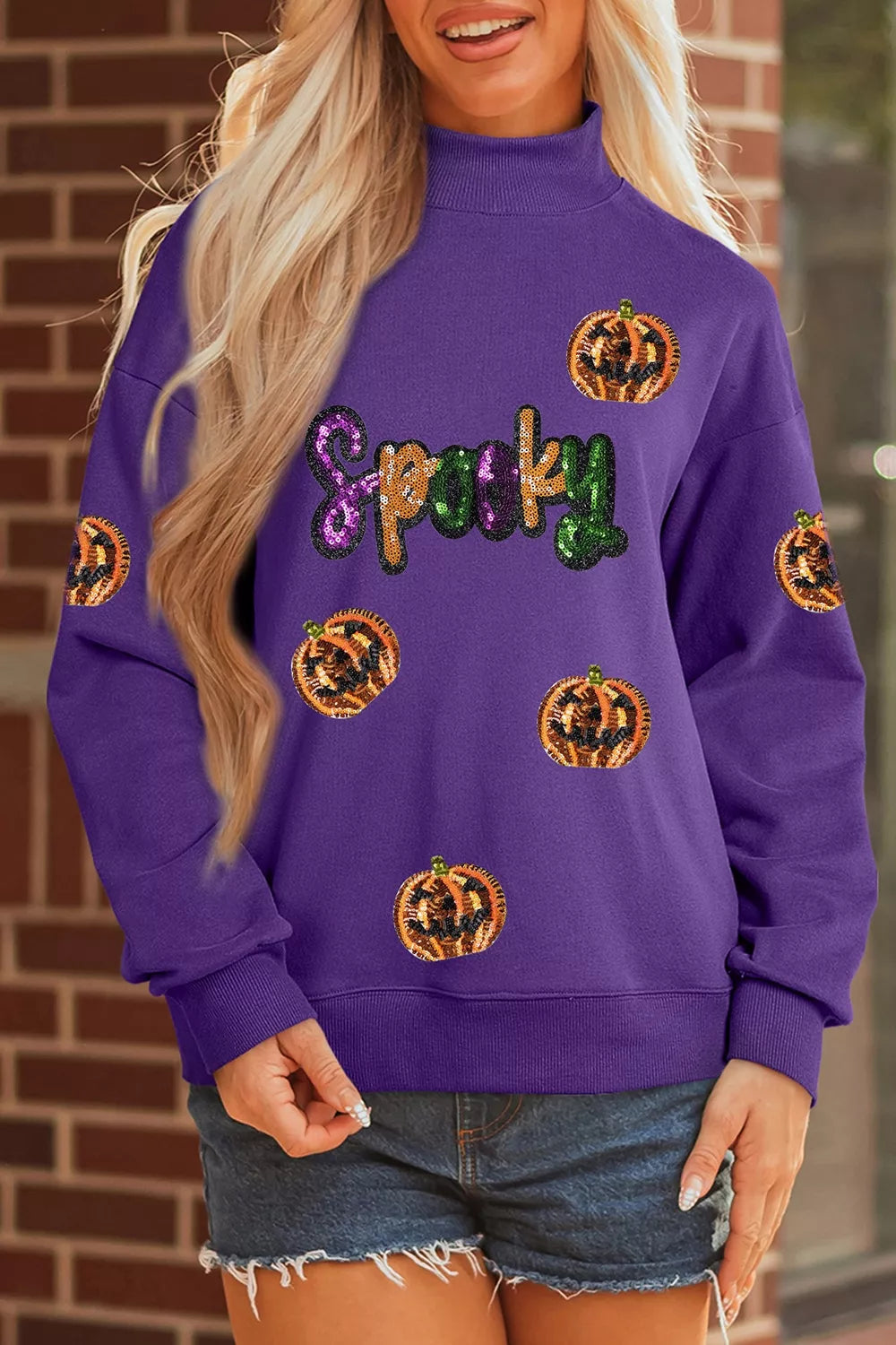 Trendsi Sequin Pumpkin Spooky Halloween Sweatshirt -