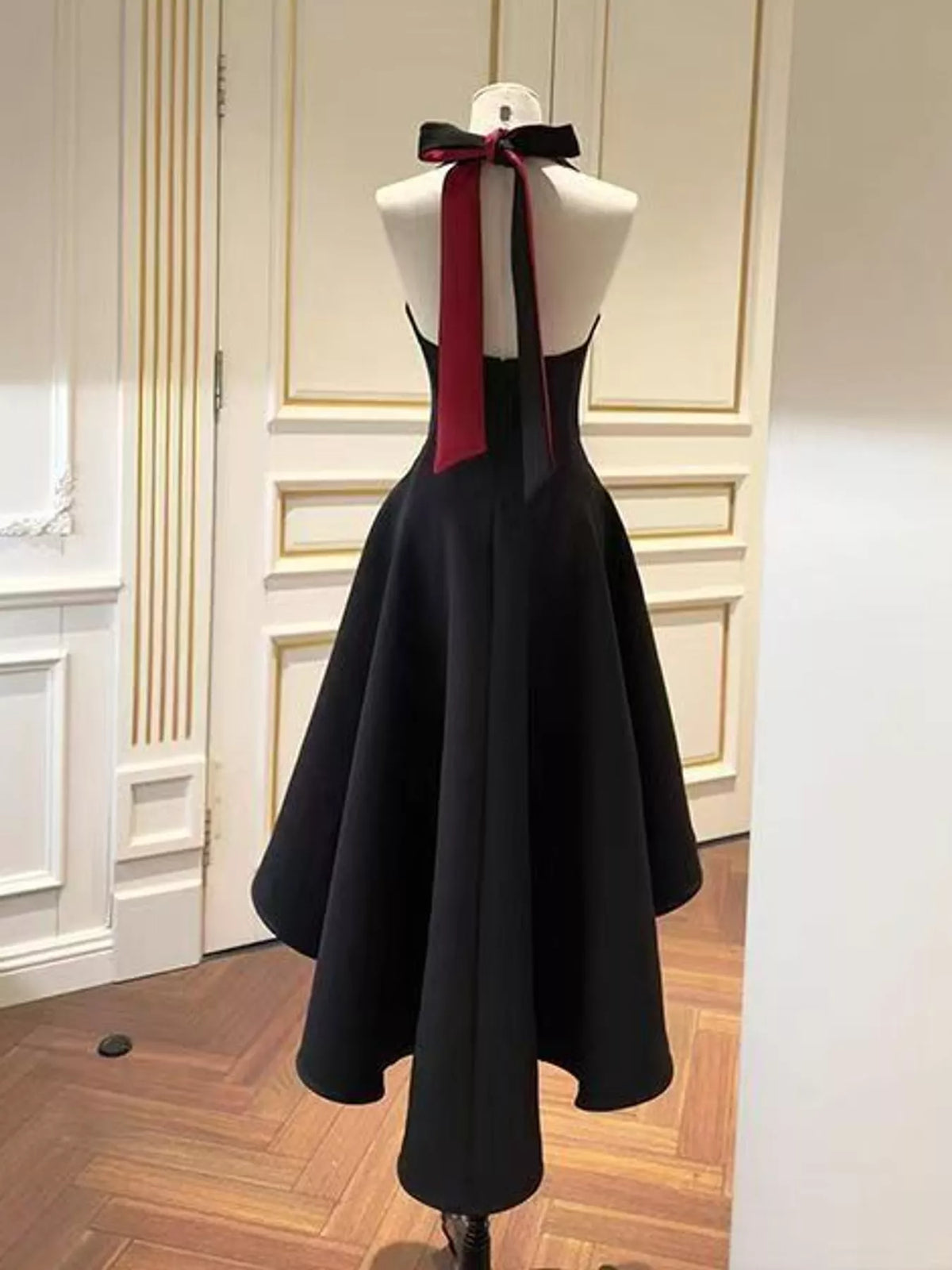 High-Low Halter Neck Evening Dress, back view in black