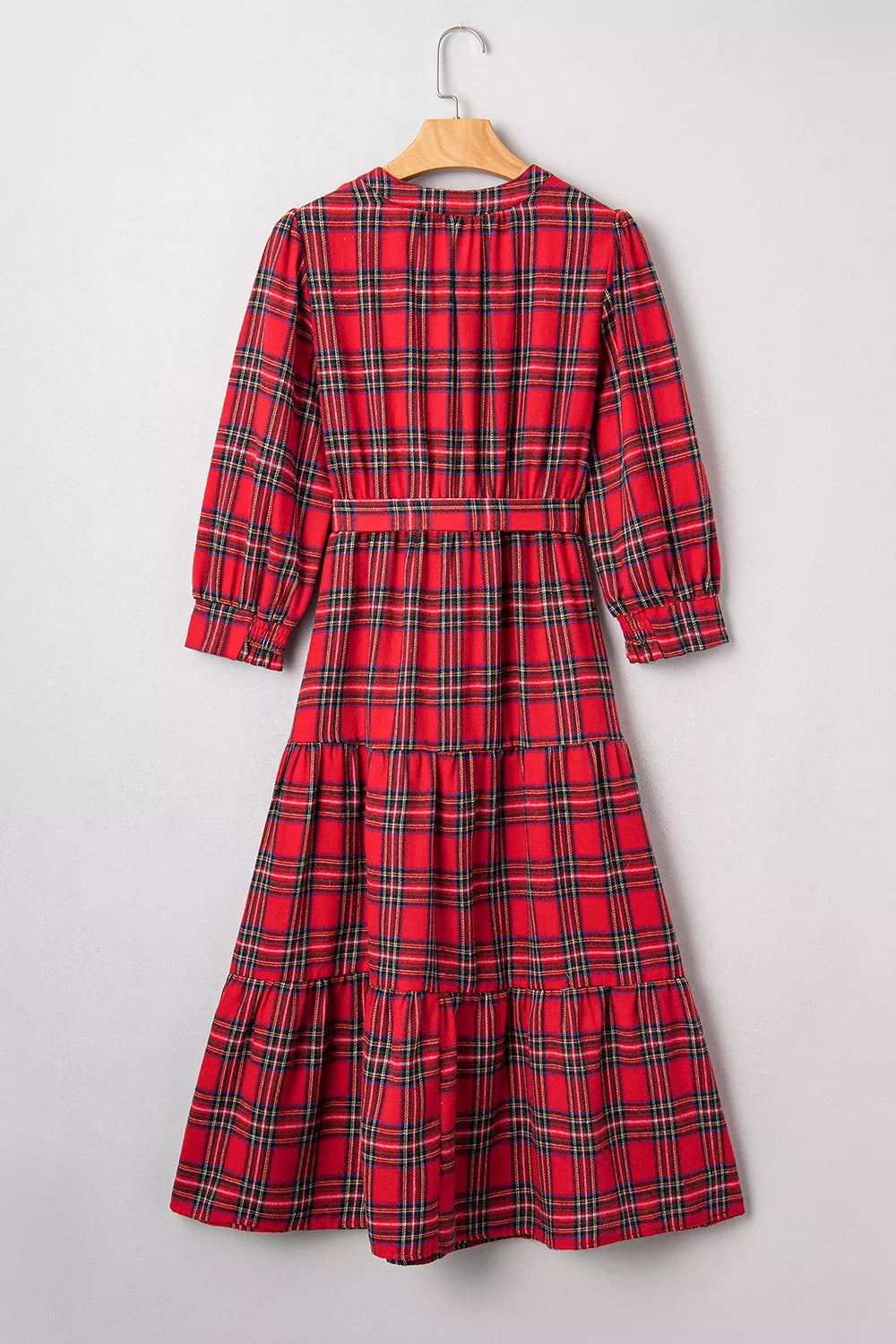 Trendsi Christmas Plaid V Neck 3/4 Sleeve Tie Waist Ruffle Hem Midi Dress -