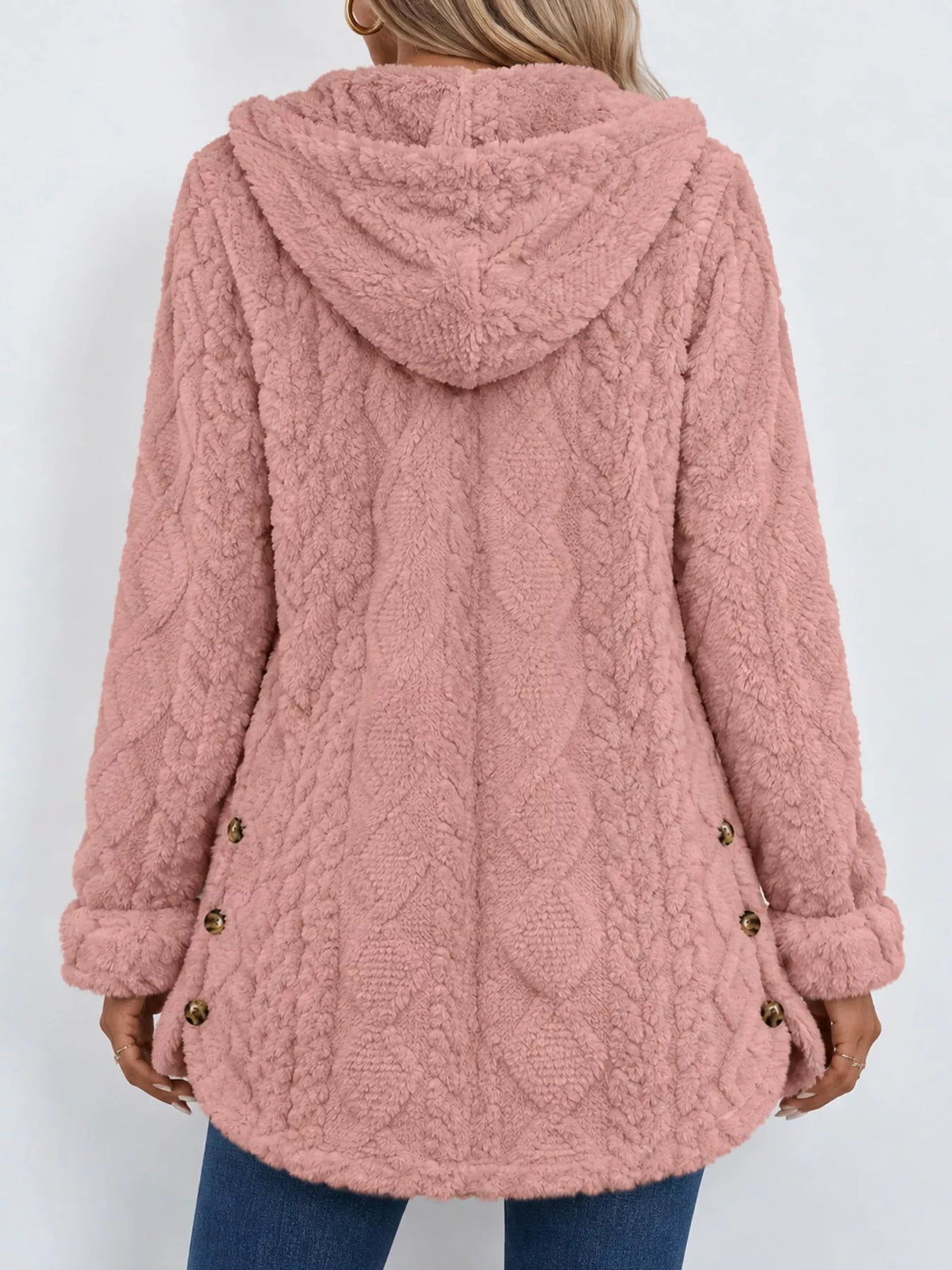 Gray cable knit faux fur hooded jacket, back view