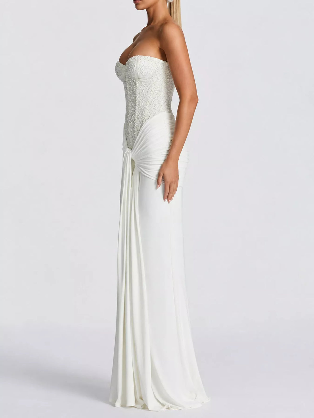 Strapless Sequin Corset Maxi Dress, side view