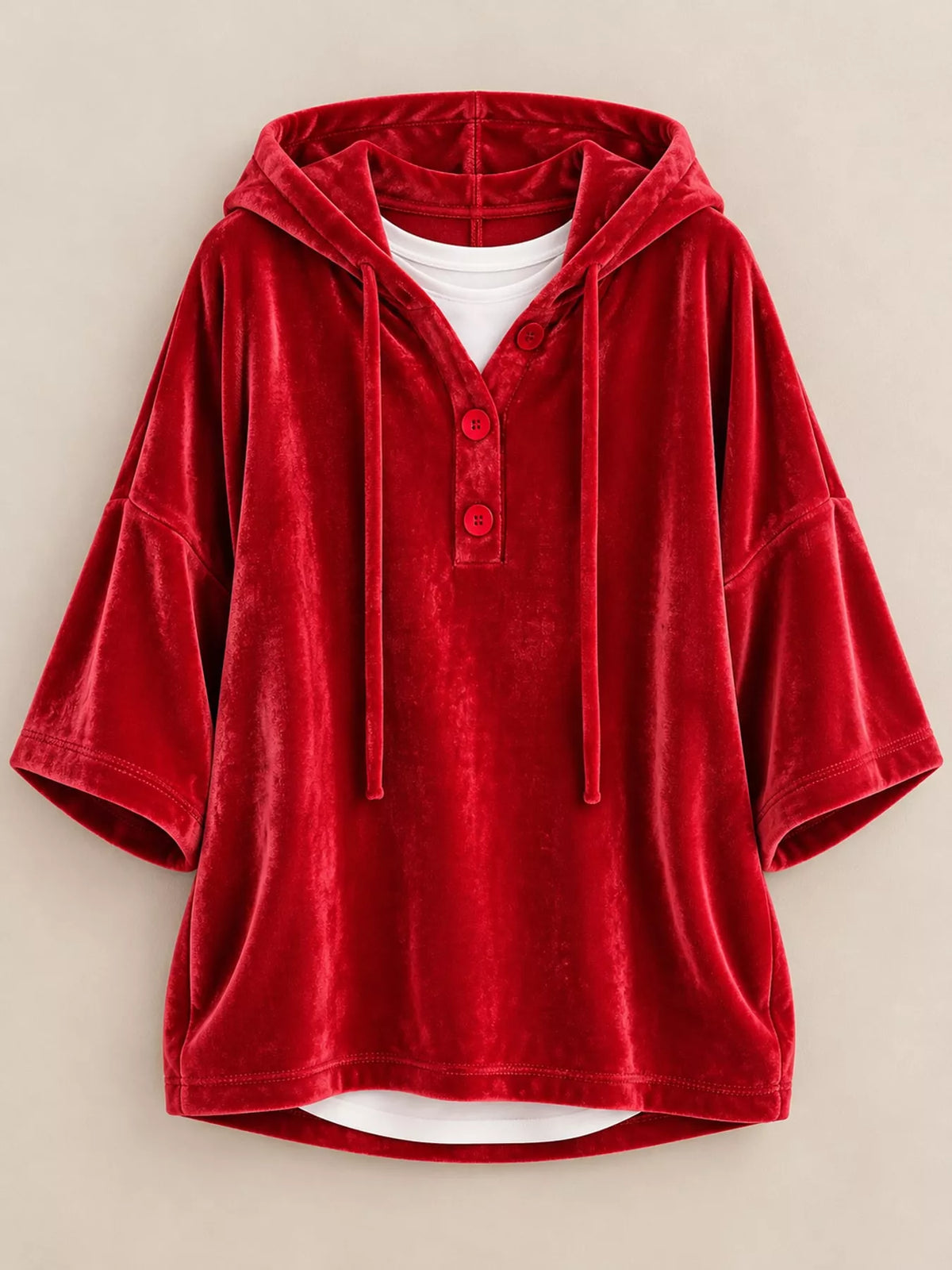 Velvet Button Hoodie in red, front view
