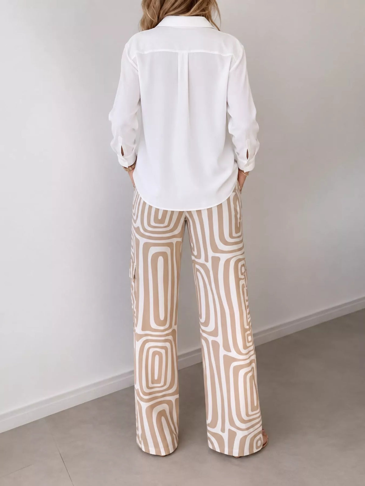 Shirt and geometric pants set, beige set back