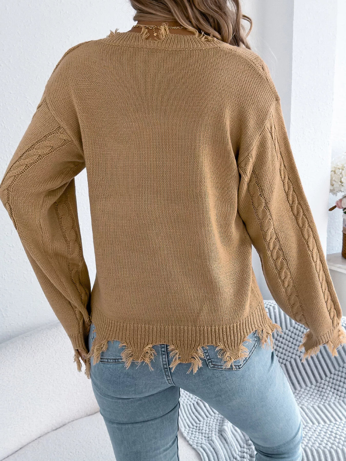 V-Neck Distressed Hem Cable Knit Sweater in camel, back view