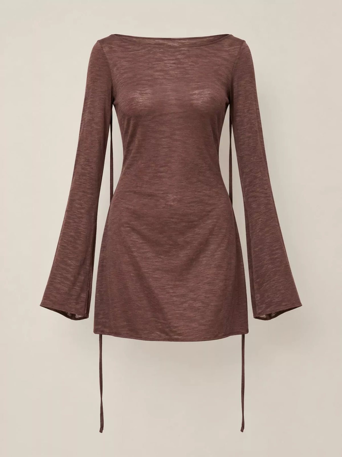 Brown flare sleeve bodycon mini dress — front view